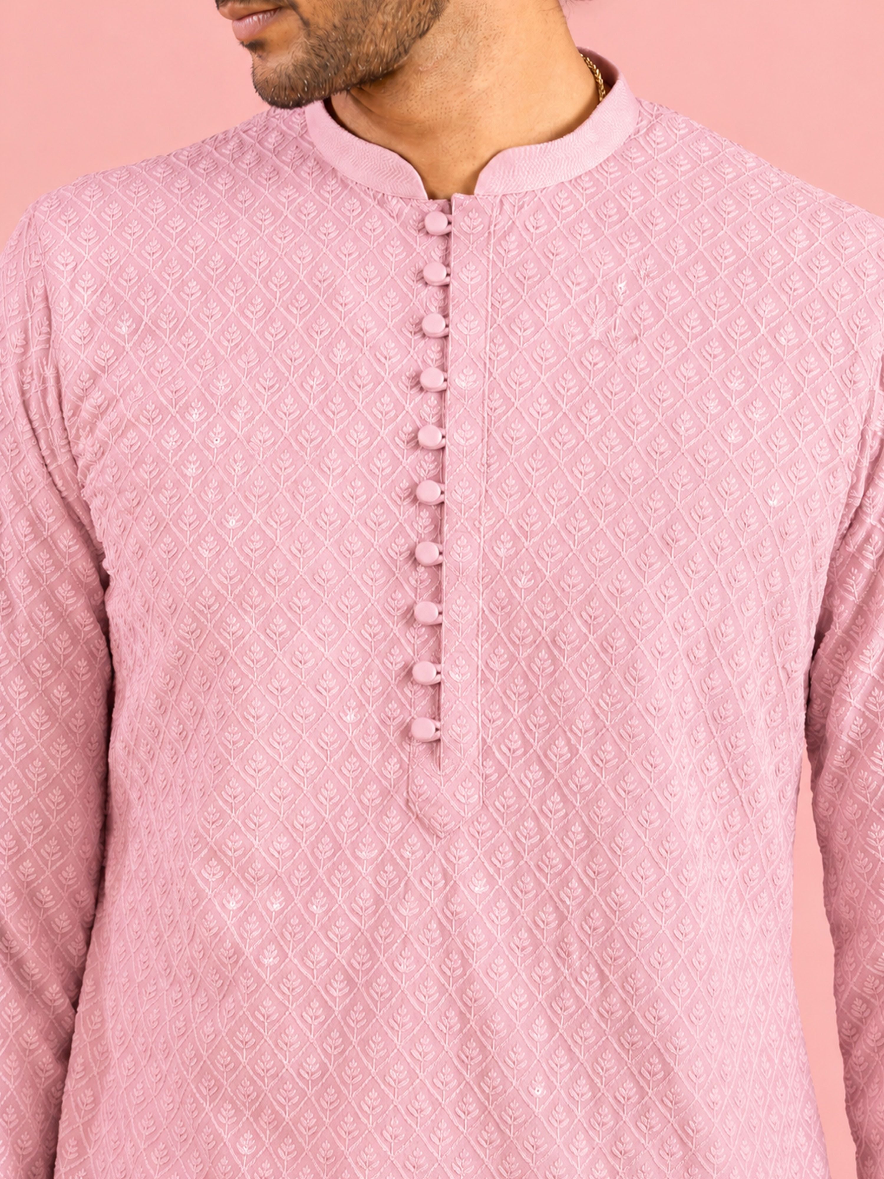 Men's Pink Viscose Embroidered Thigh Length Kurta With Pyjama