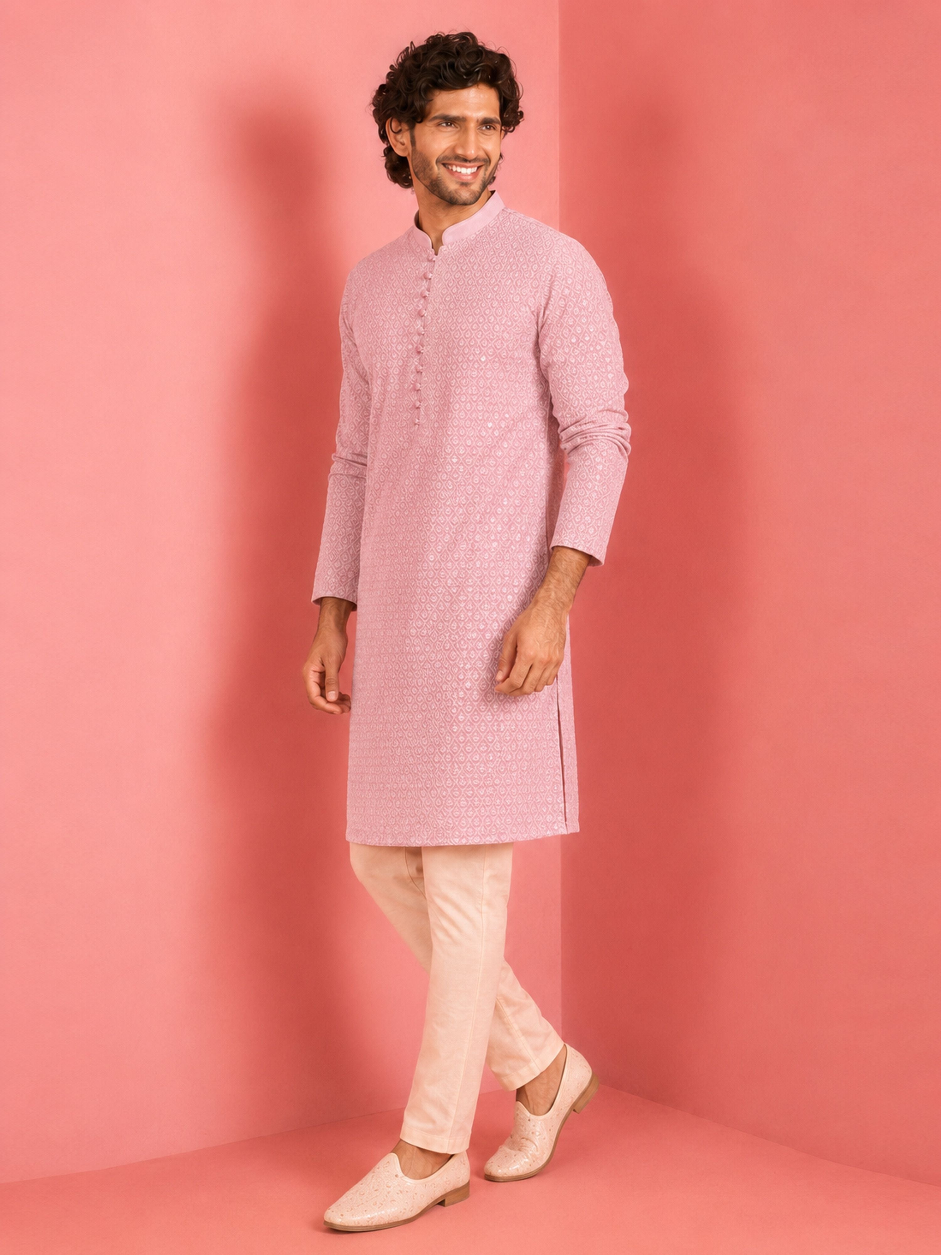 Men's Pink Viscose Embroidered Thigh Length Kurta With Pyjama