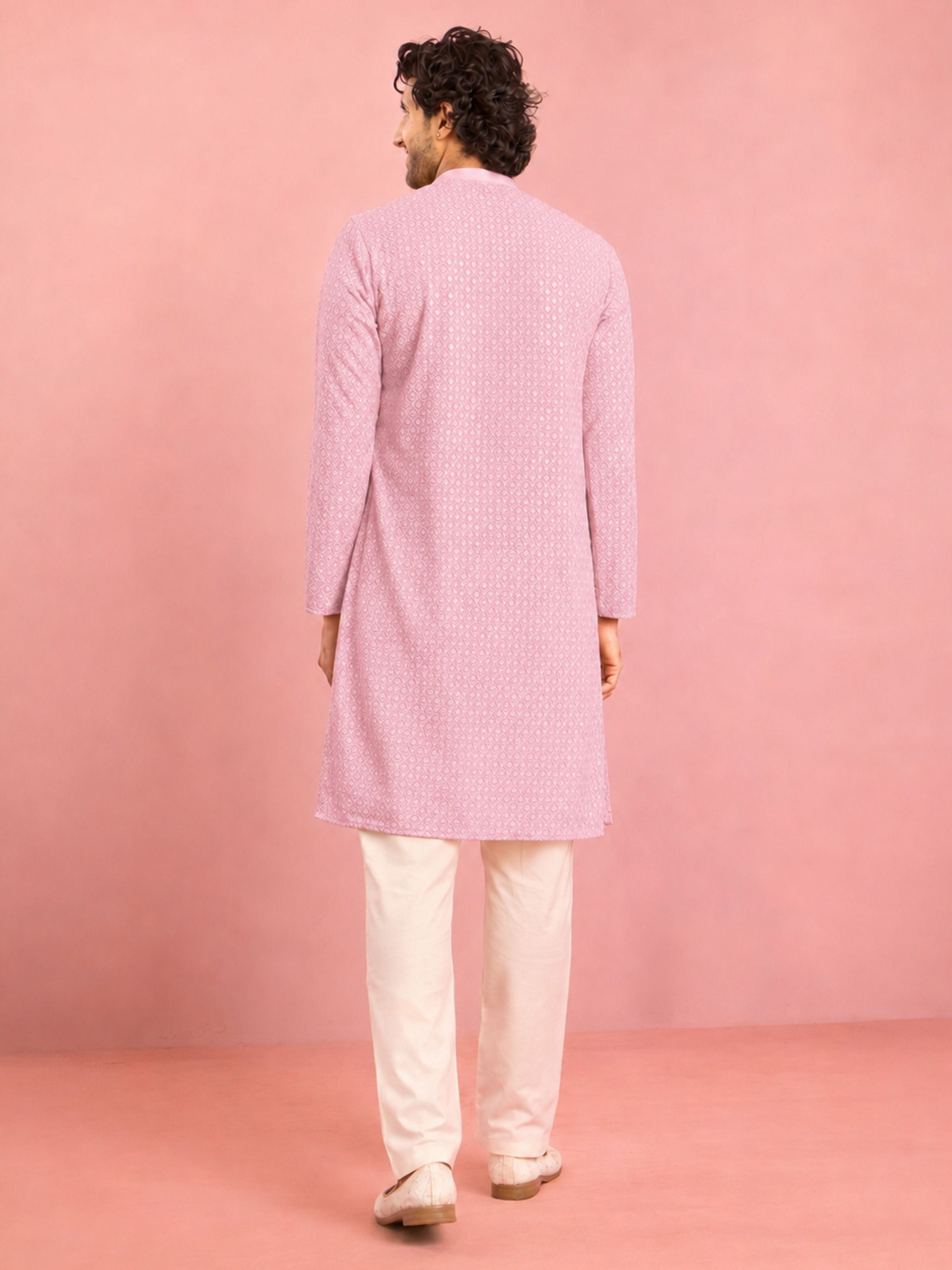 Men's Pink Viscose Embroidered Thigh Length Kurta With Pyjama