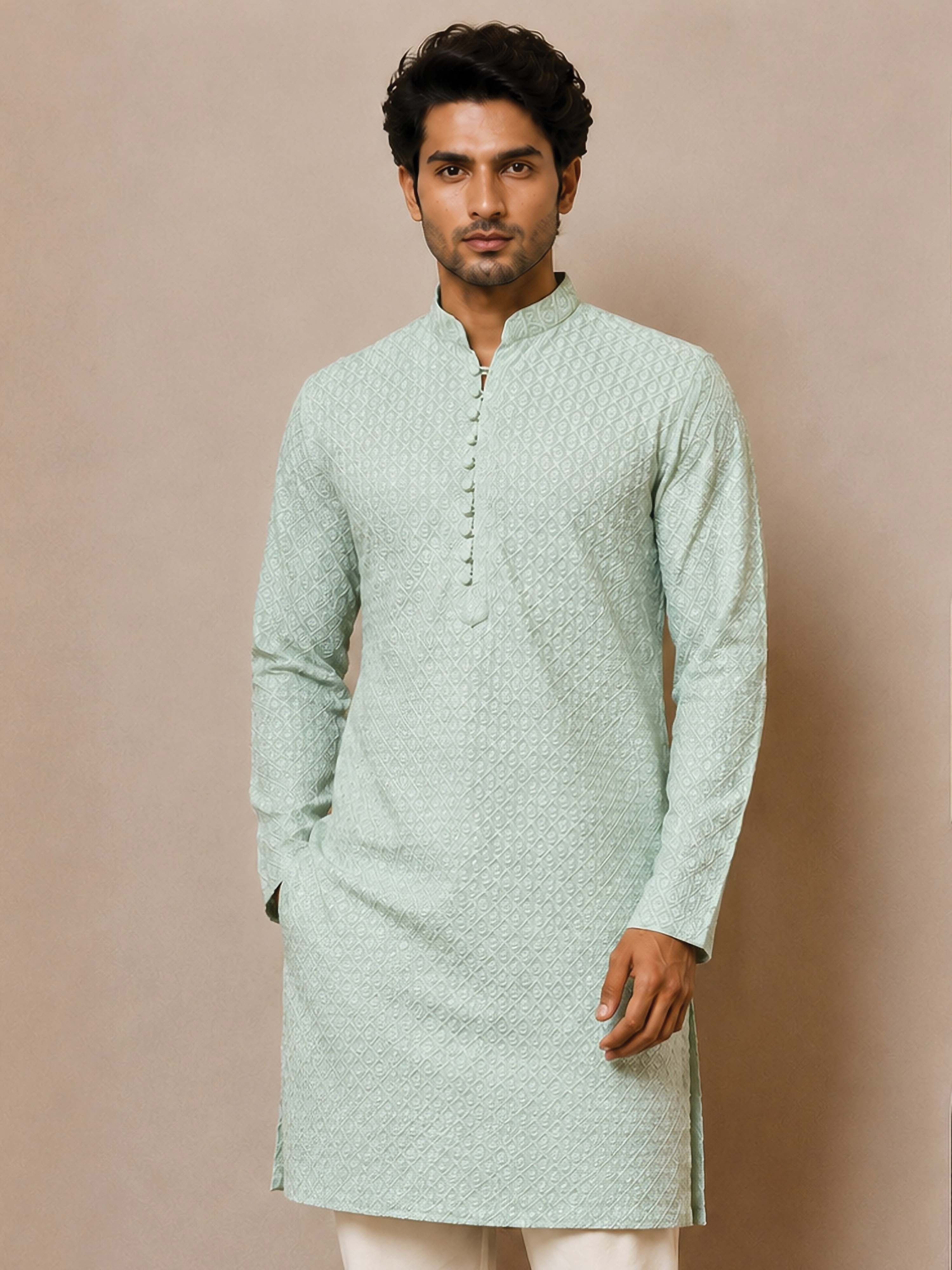 Men Pista Green Jacquard Embroidered Mandarin Collar Kurta