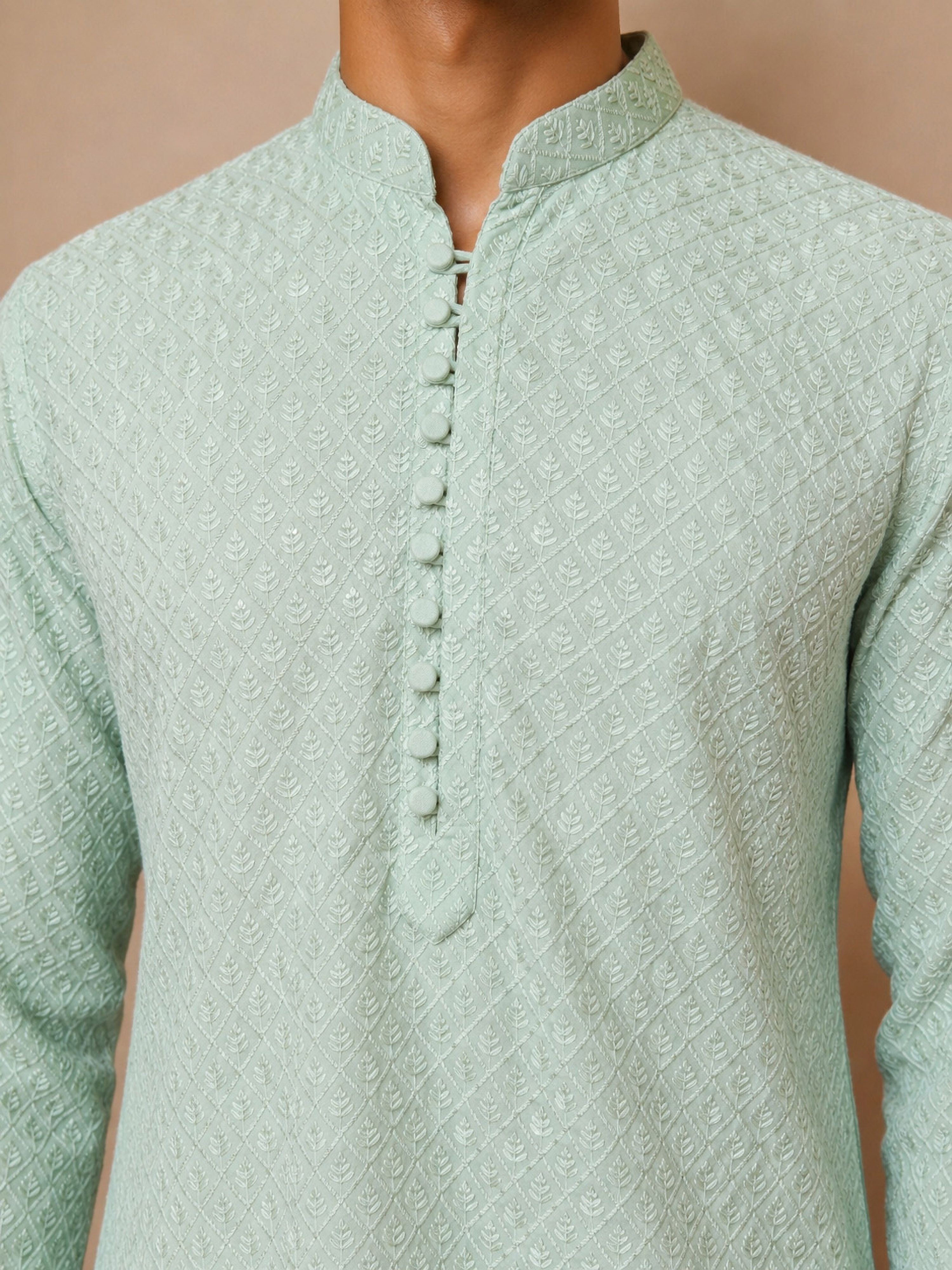 Men's Mint Jacquard+ Embroidered Thigh Length Kurta