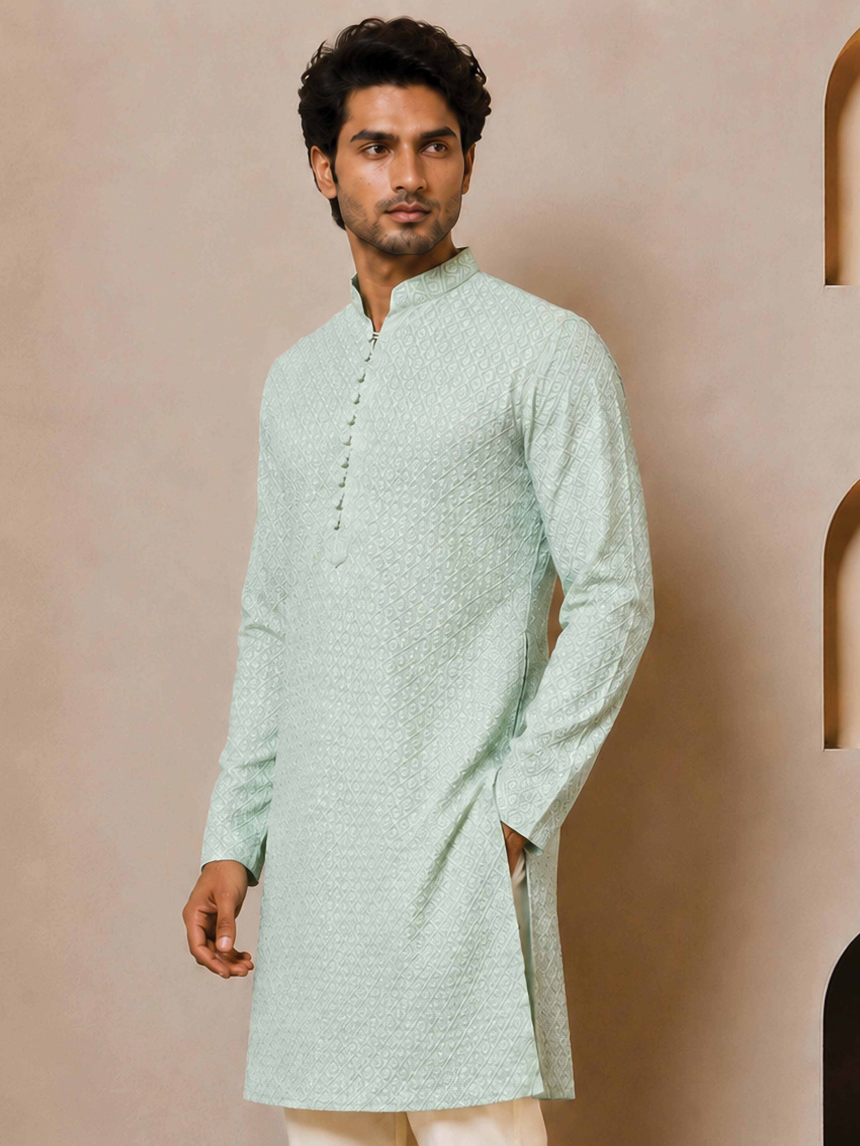 Men's Mint Jacquard+ Embroidered Thigh Length Kurta