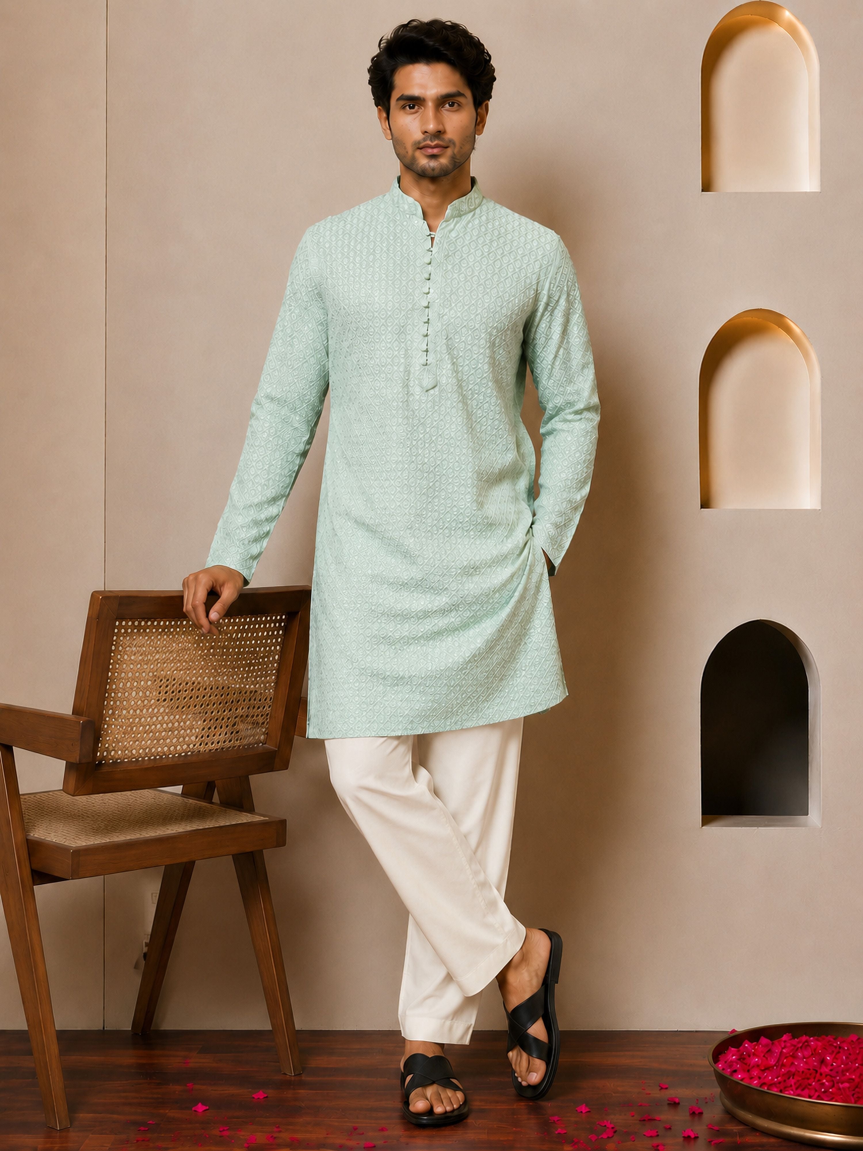 Pista Green Viscose Embroidered Kurta Pyjama Set