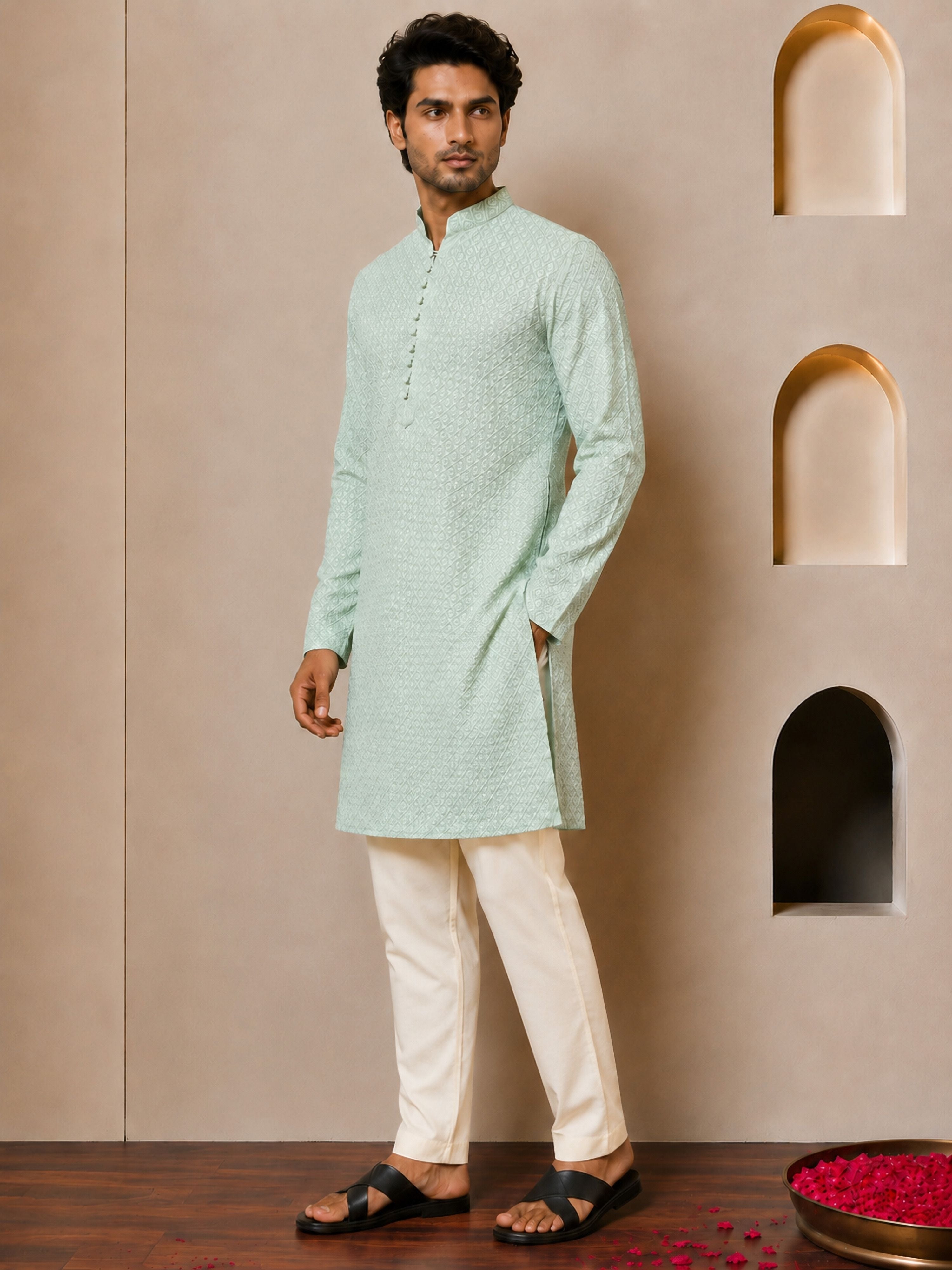 Men's Mint Viscose Embroidered Thigh Length Kurta With Pyjama