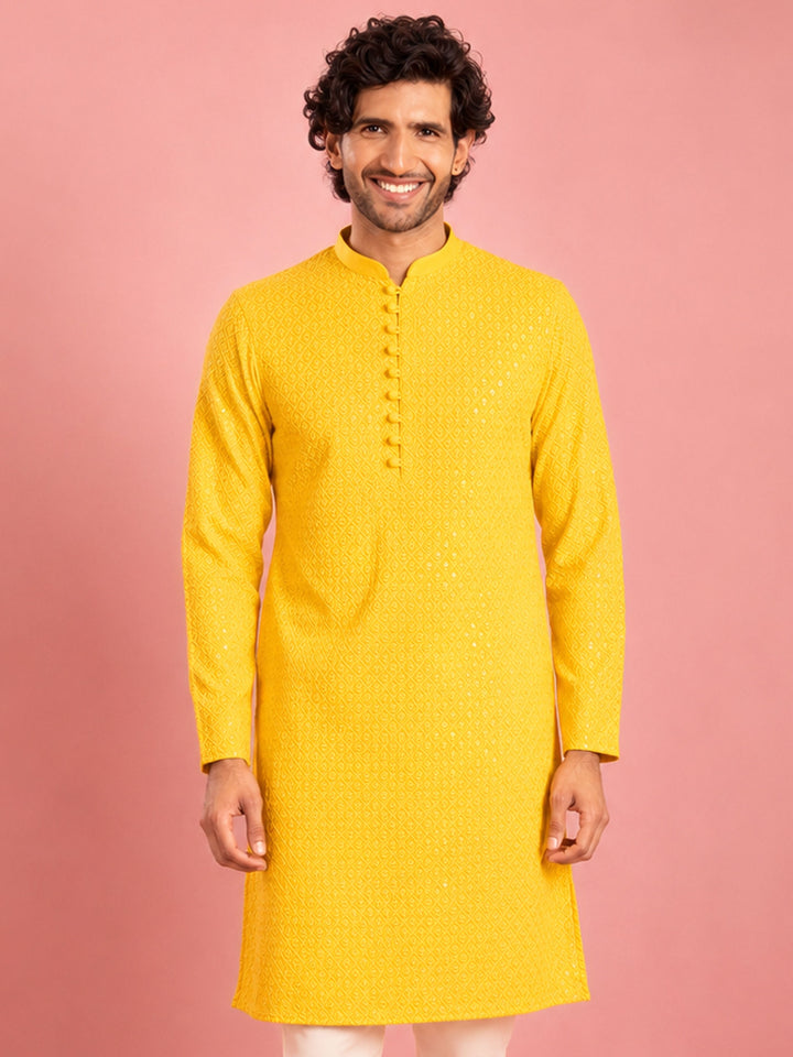 Men Yellow Jacquard Embroidered Kurta with Mandarin Collar
