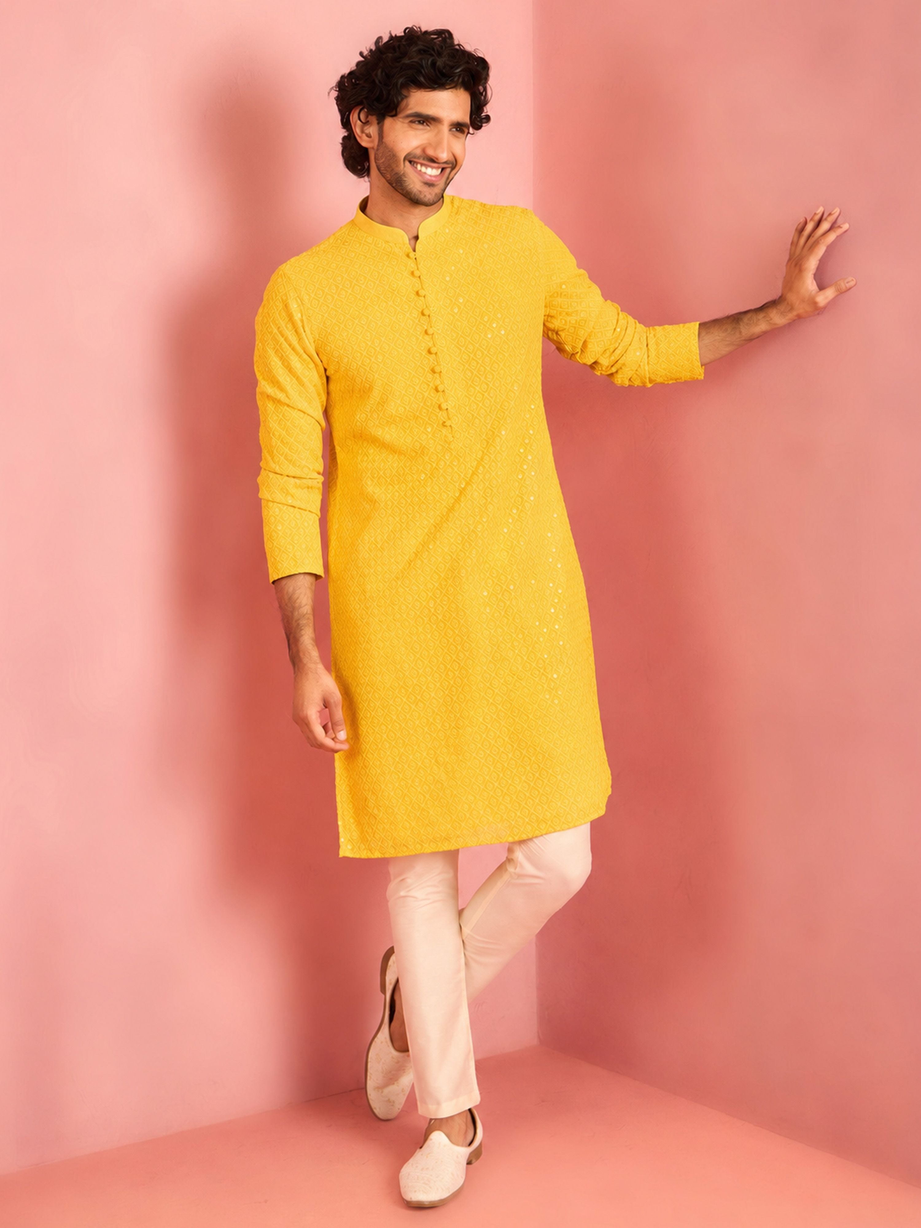 Men Yellow Embroidered Kurta Pyjama Set | Viscose