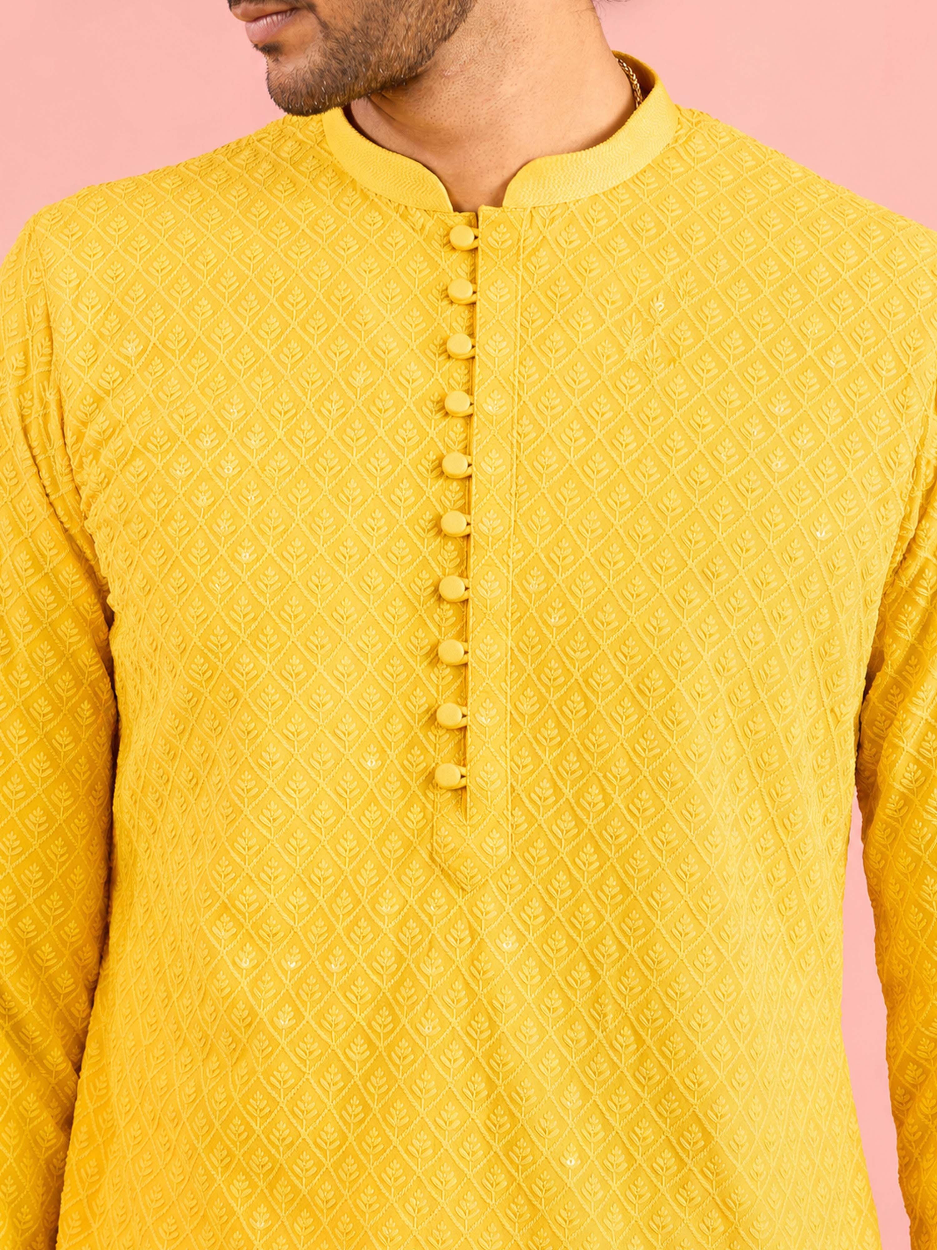 Men's Yellow Viscose Embroidered Thigh Length Kurta With Pyjama