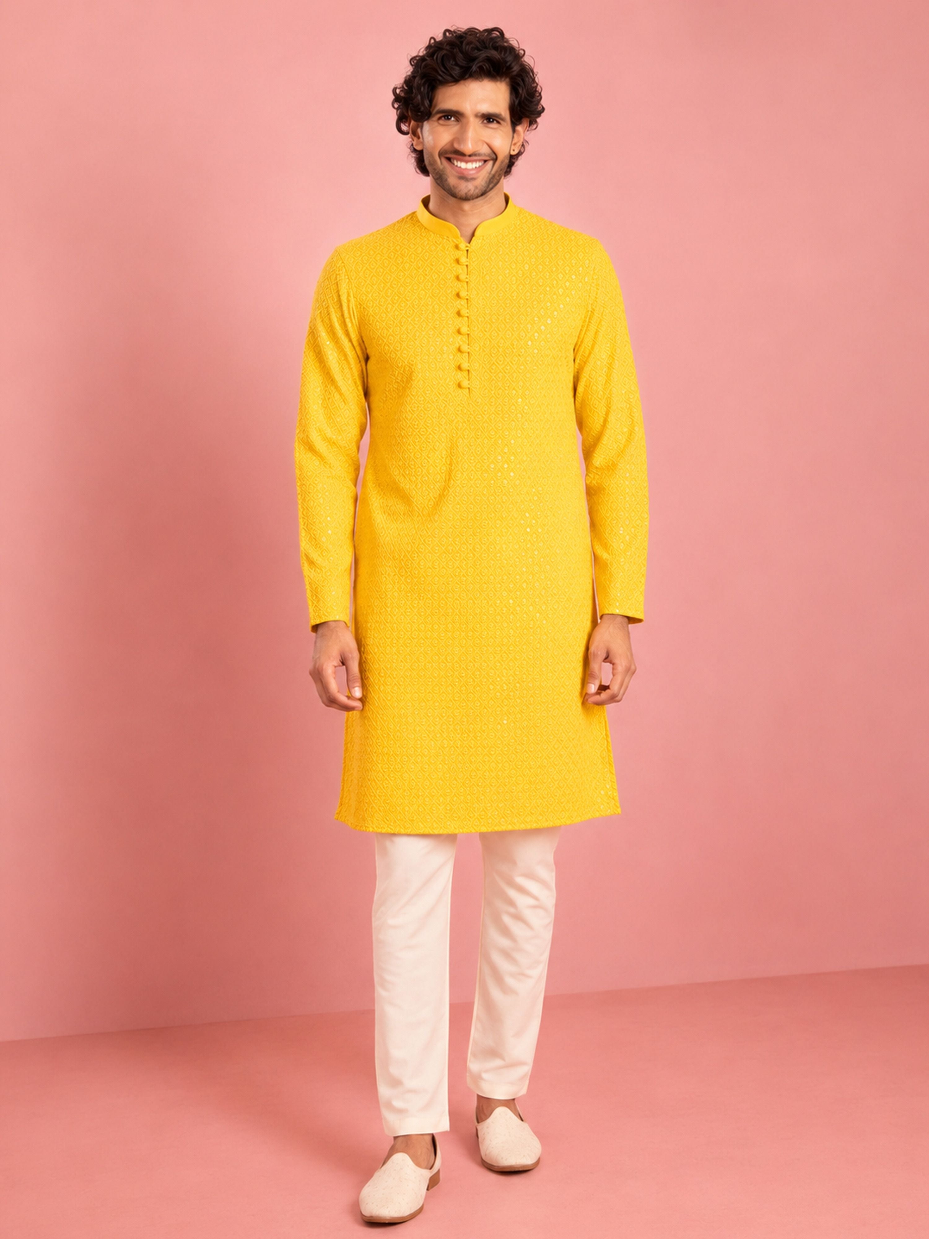 Men's Yellow Viscose Embroidered Thigh Length Kurta With Pyjama