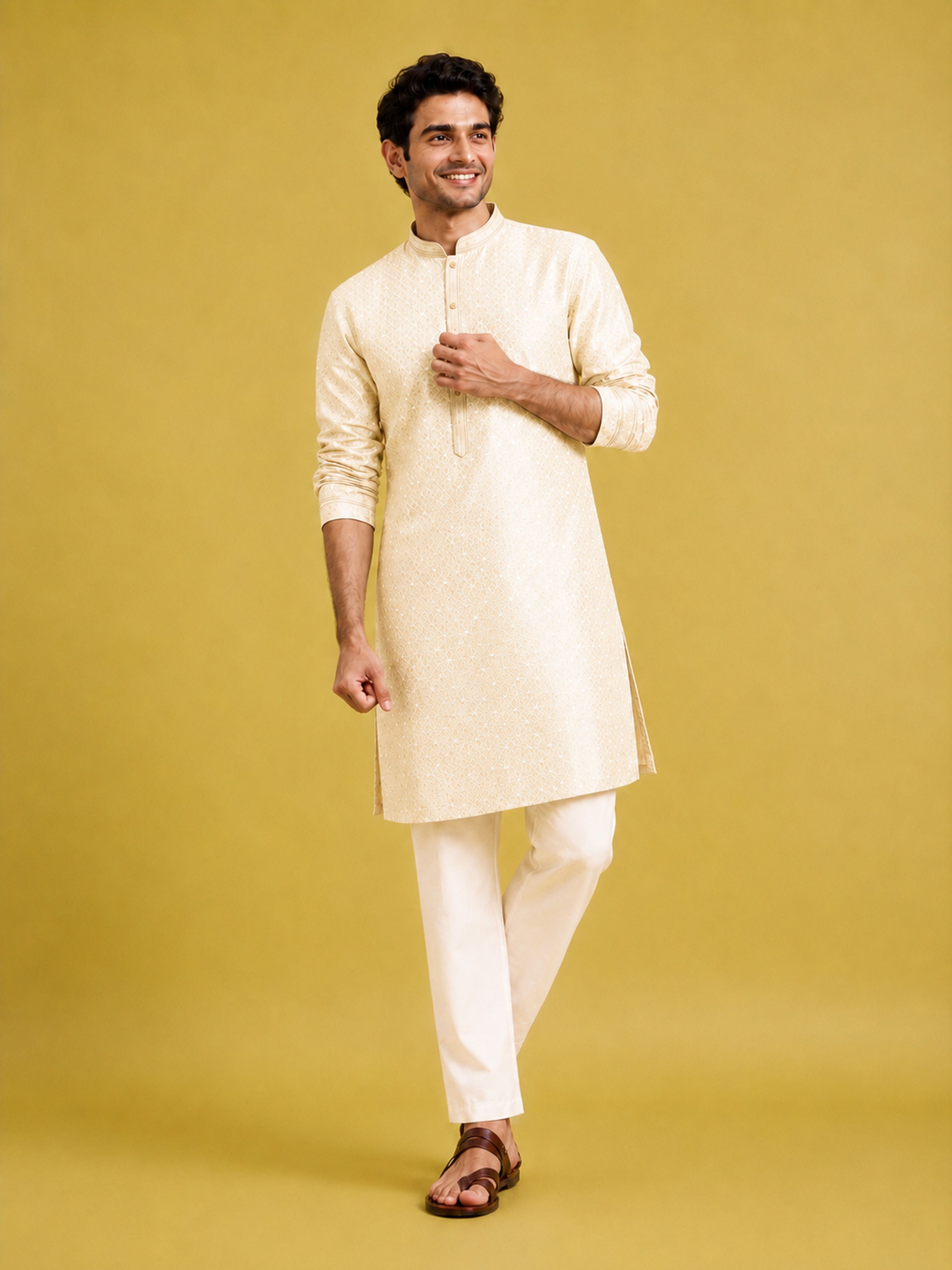 Men Cream Silk Blend Kurta with Pyjama Navratri, Diwali, Wedding, Festive, Party, Festive Glitz Ethnic Wear