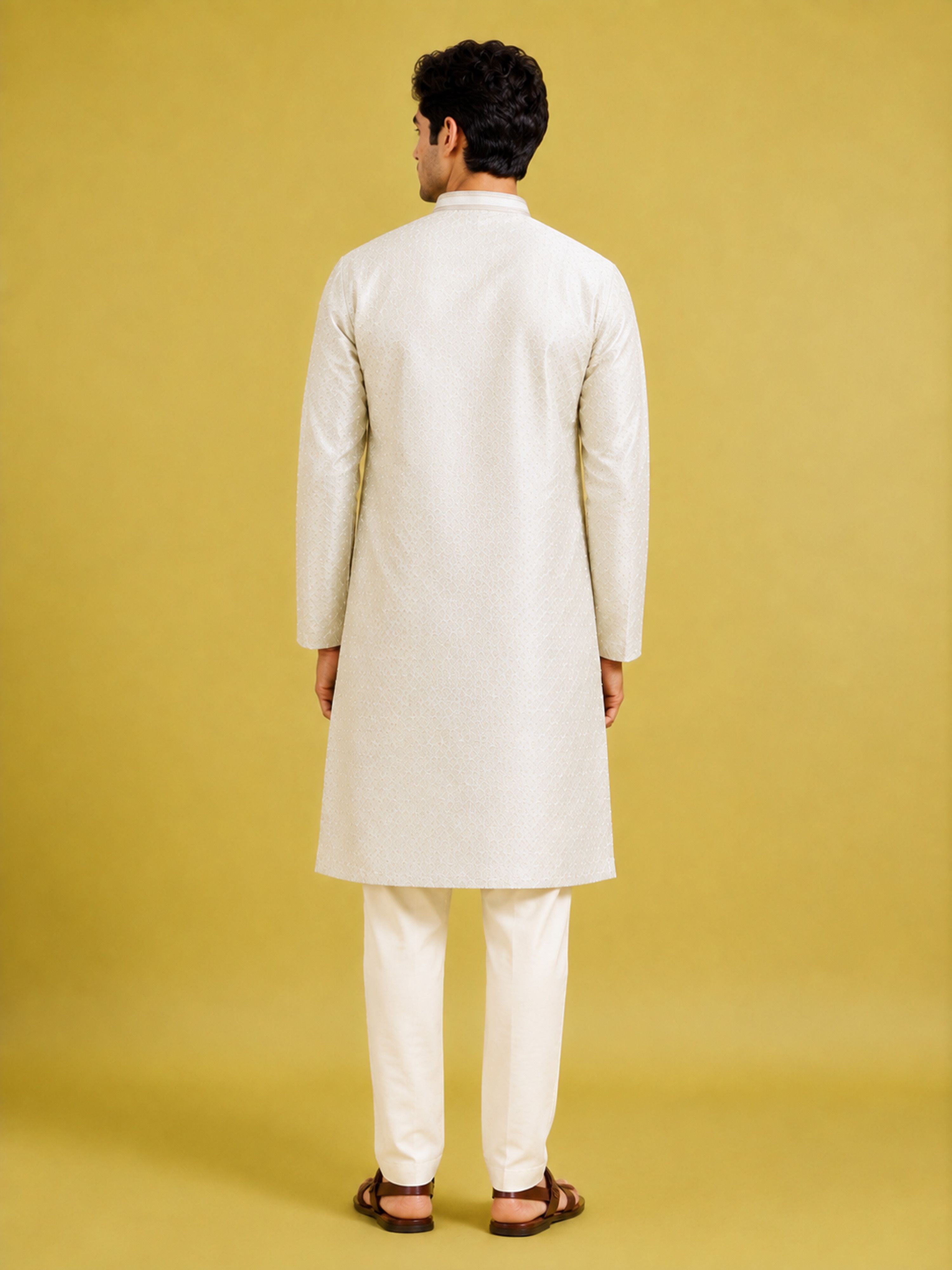 Men's Cream Silk-Blend Embroidered Knee Length Kurta with Pyjama