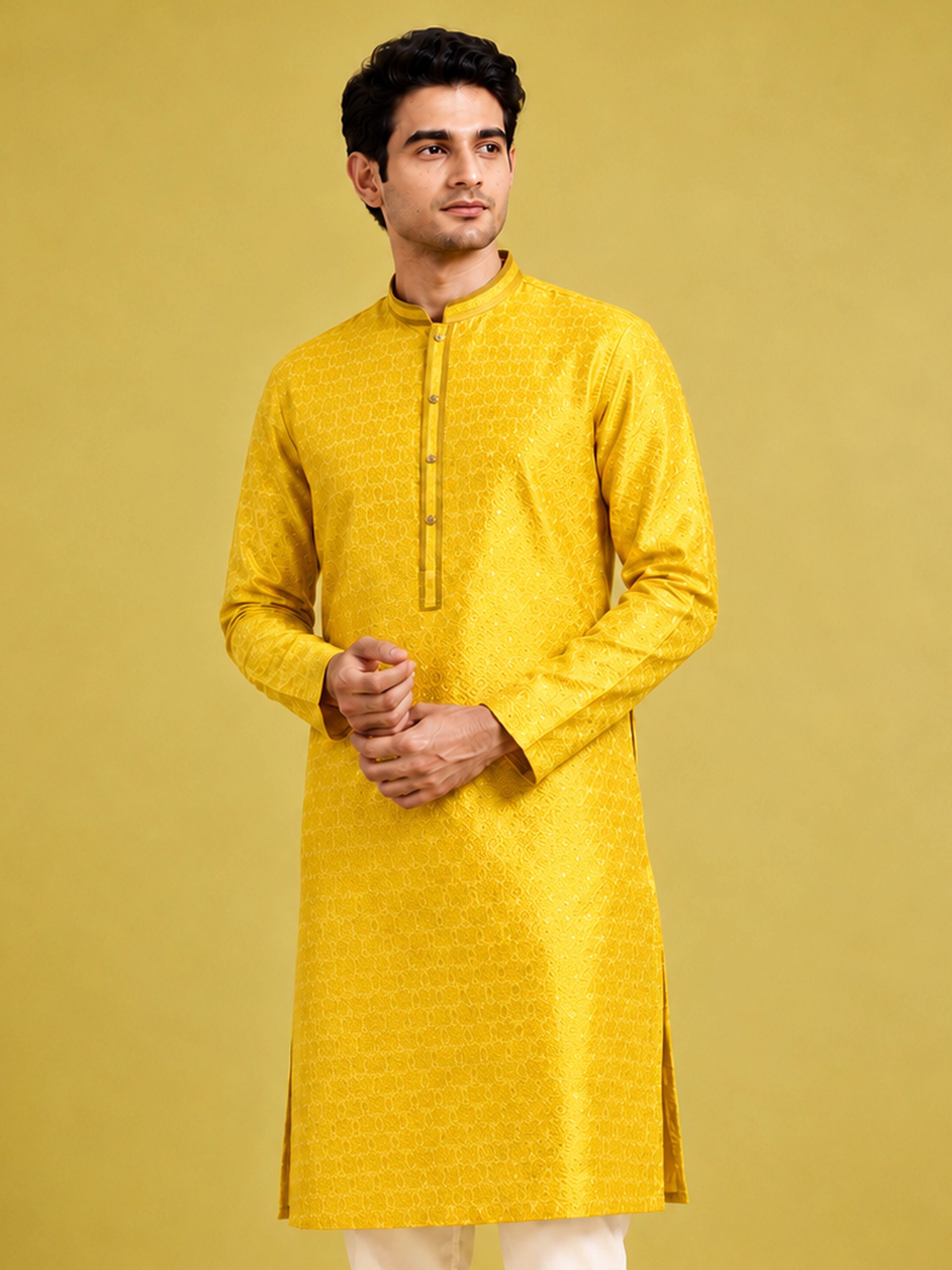 Men Mustard Silk Blend Kurta Navratri, Diwali, Wedding, Festive, Party, Festive Glitz Ethnic Wear
