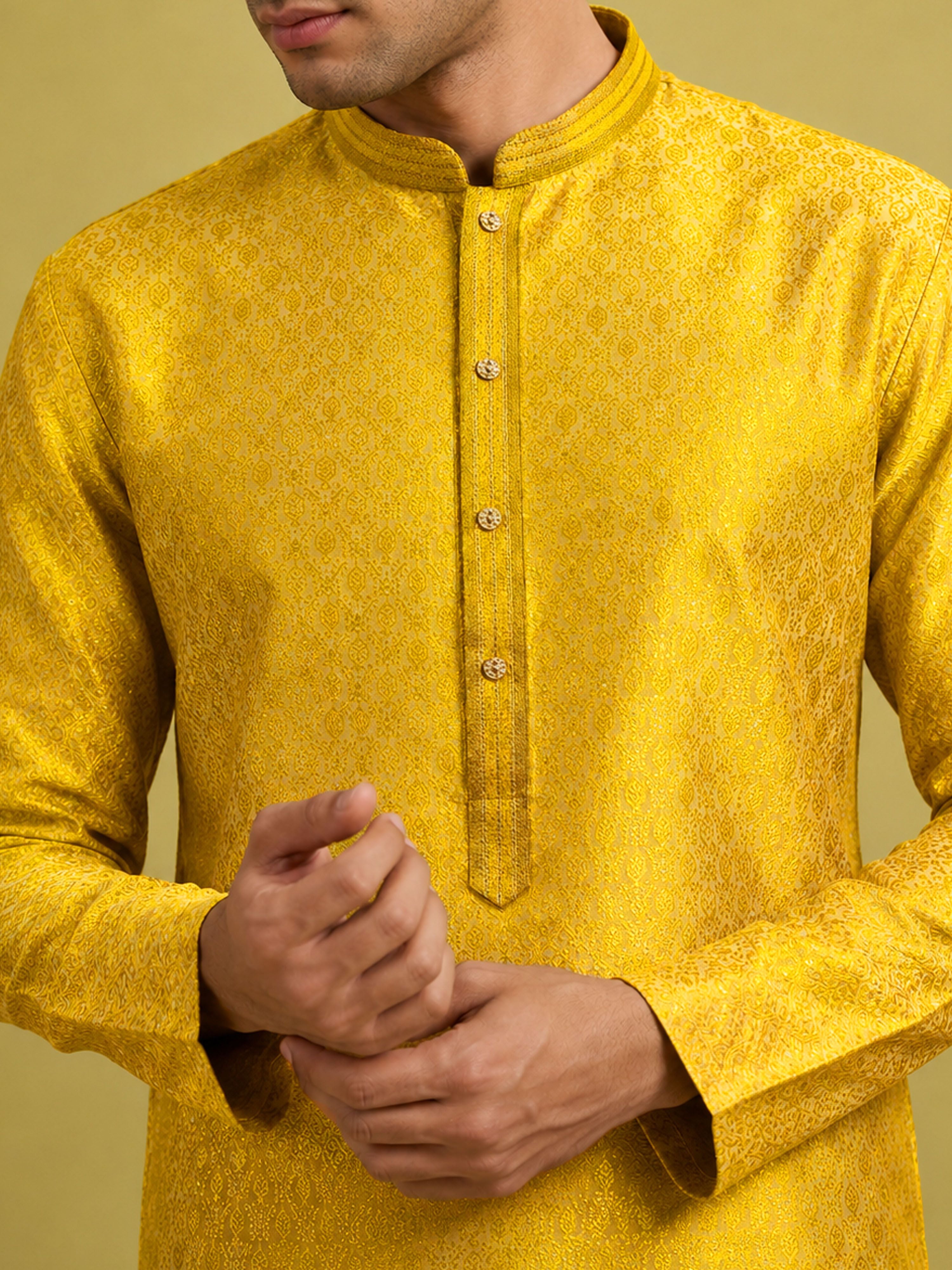 Men's Mustard Silk-Blend Embroidered Knee Length Kurta with Pyjama