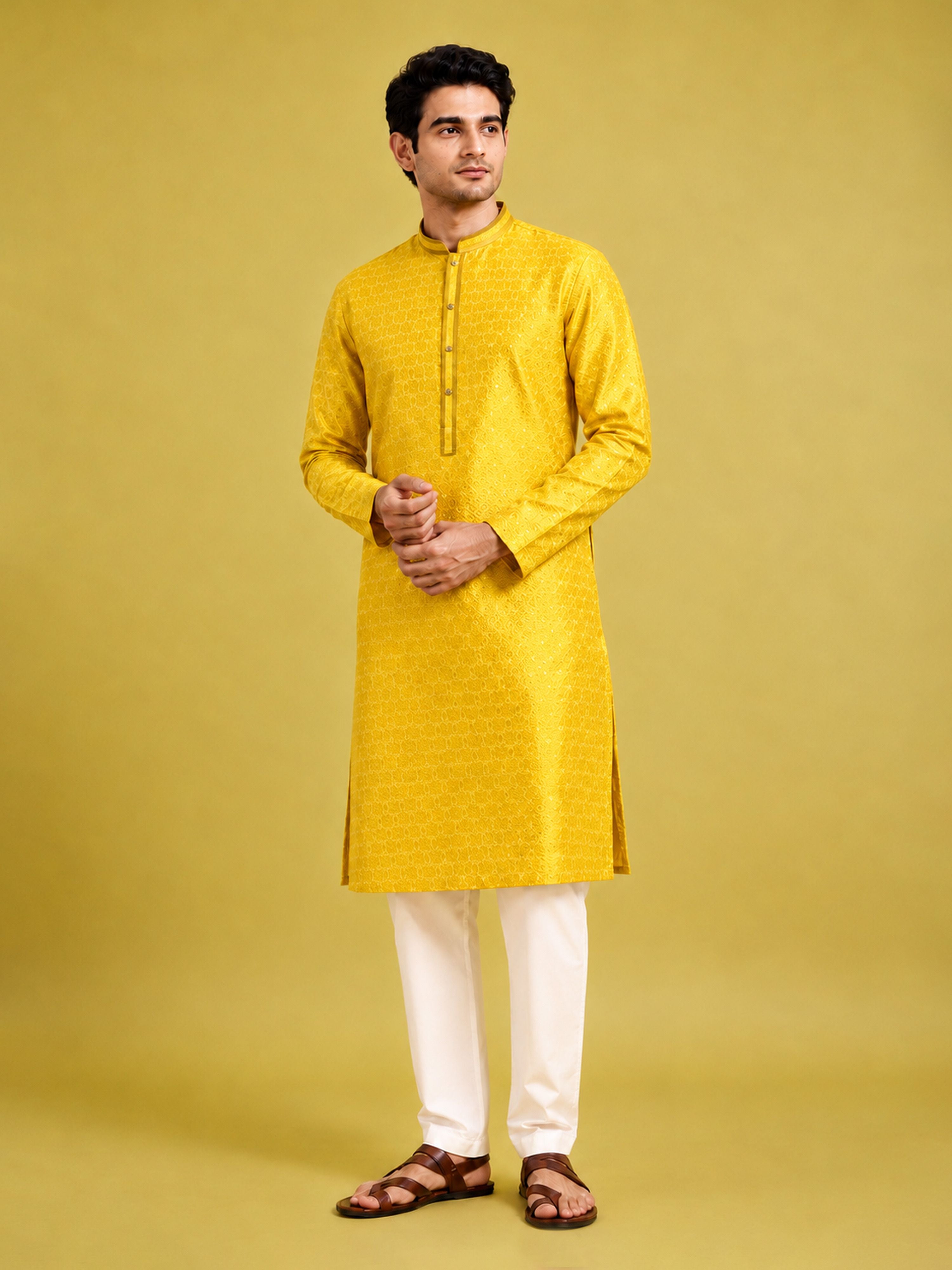 Men's Mustard Silk-Blend Embroidered Knee Length Kurta with Pyjama