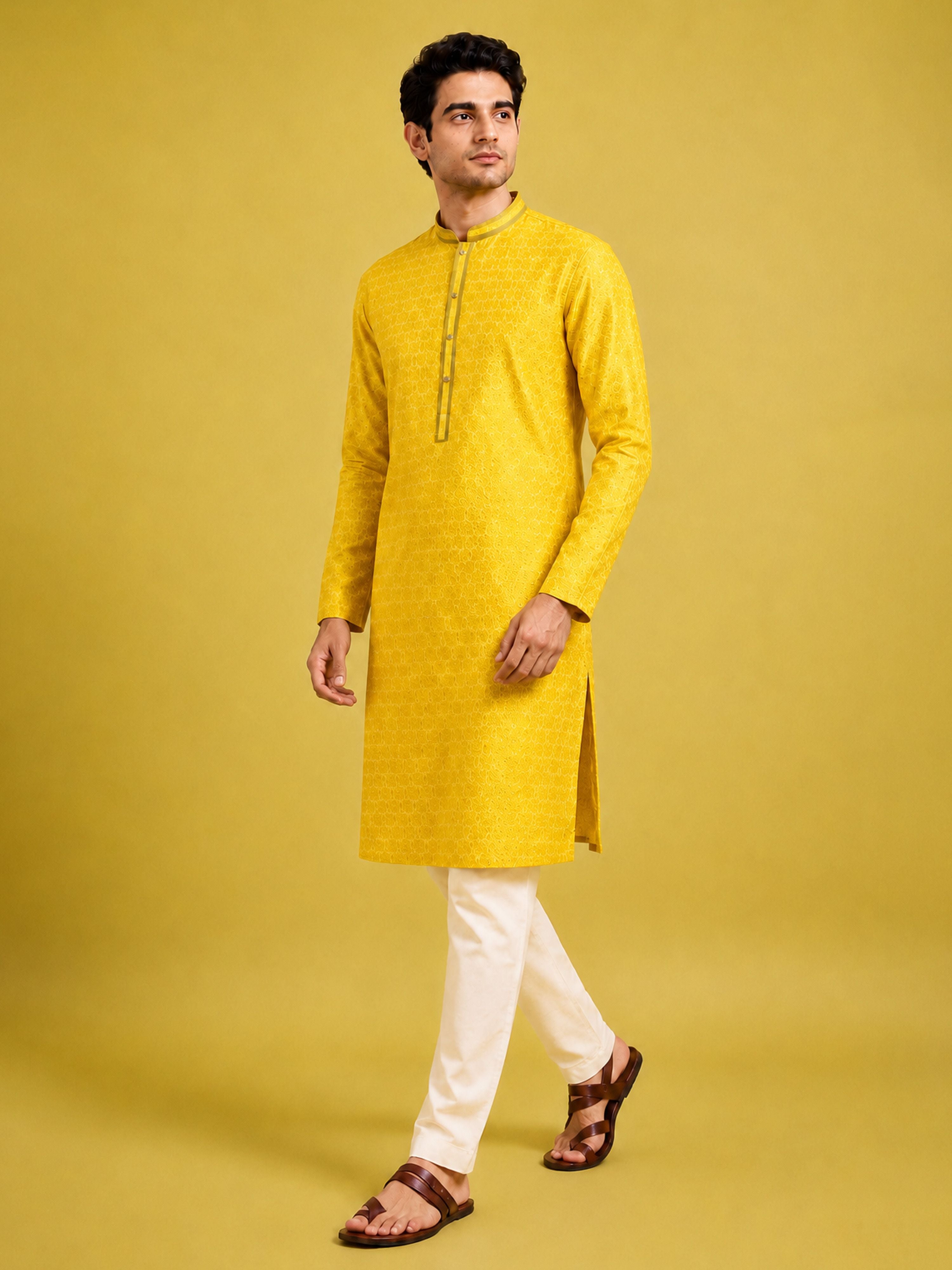 Men's Mustard Silk-Blend Embroidered Knee Length Kurta with Pyjama