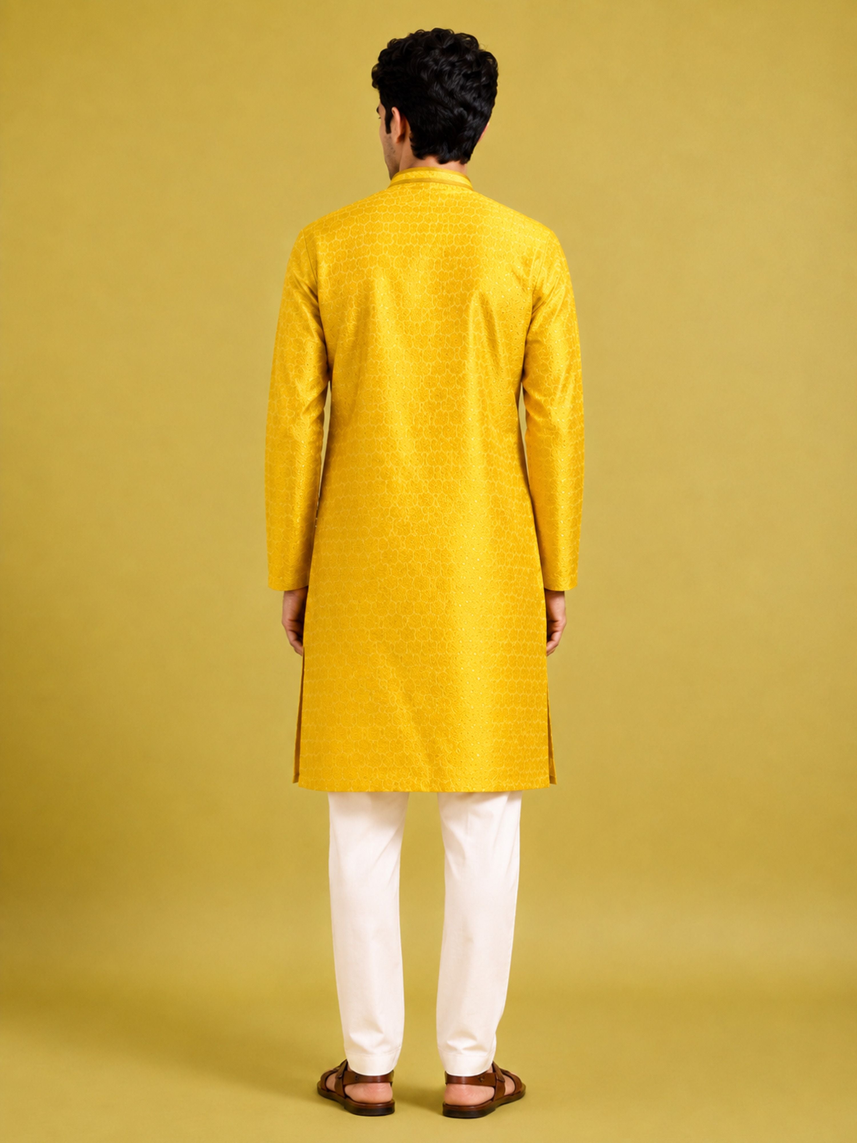 Men's Mustard Silk-Blend Embroidered Knee Length Kurta with Pyjama
