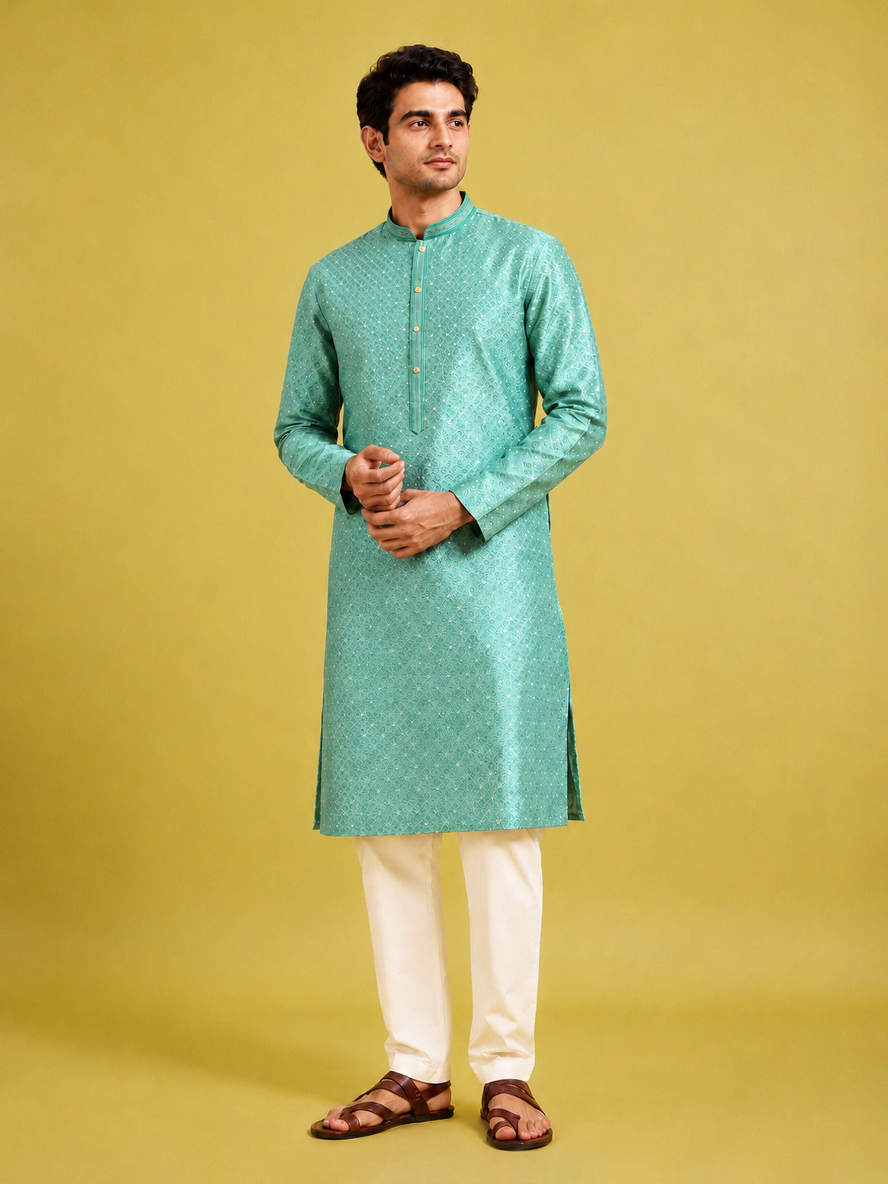 Men's Mint Silk-Blend Embroidered Knee Length Kurta with Pyjama