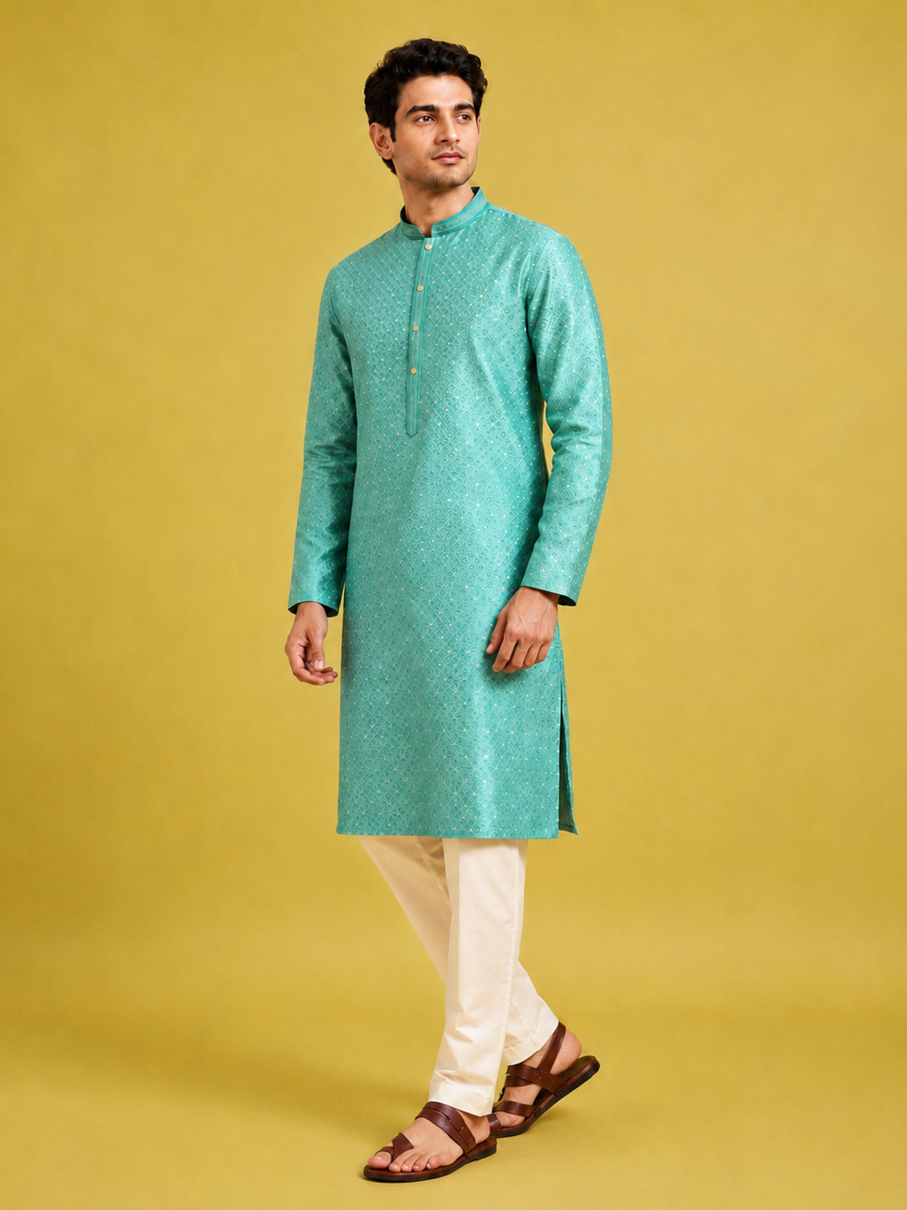 Men's Mint Silk-Blend Embroidered Knee Length Kurta with Pyjama