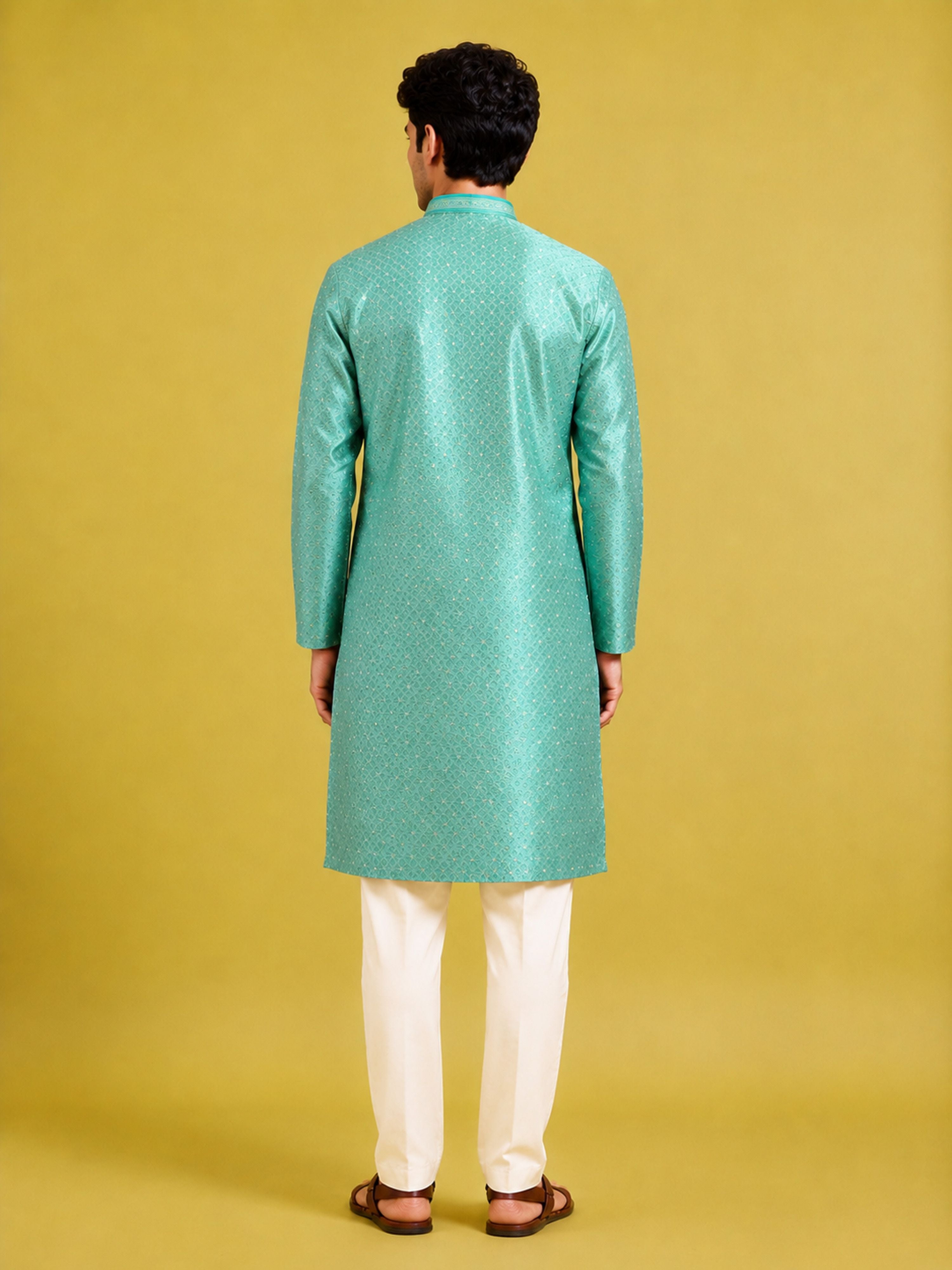 Men's Mint Silk-Blend Embroidered Knee Length Kurta with Pyjama