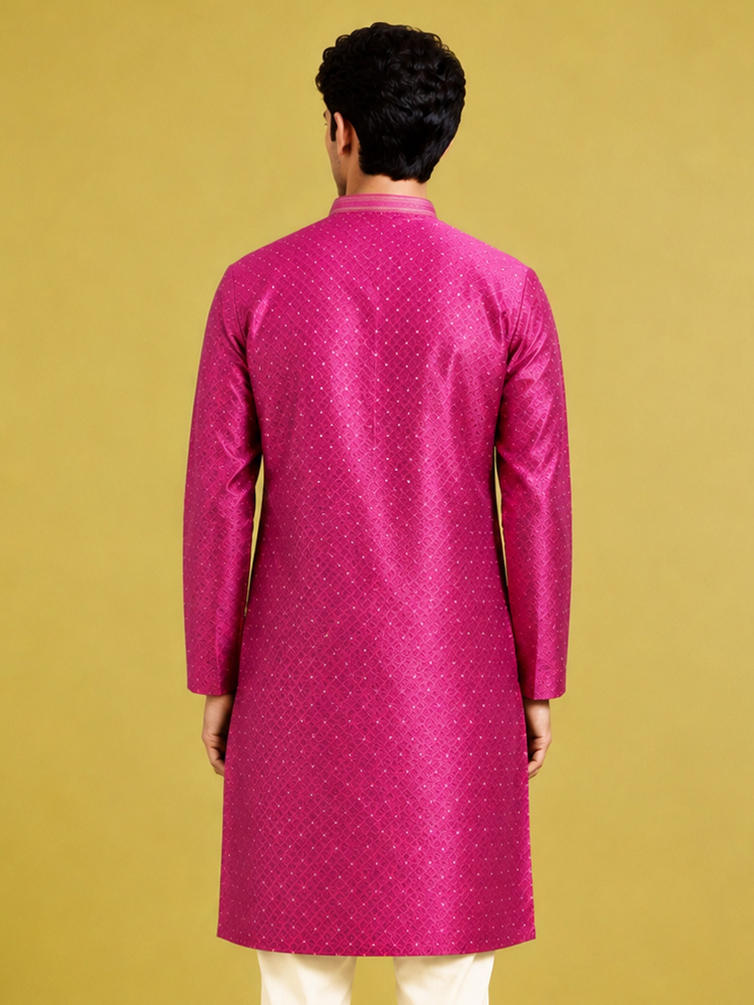 Men's Wine Silk-Blend Embroidered Knee Length Kurta