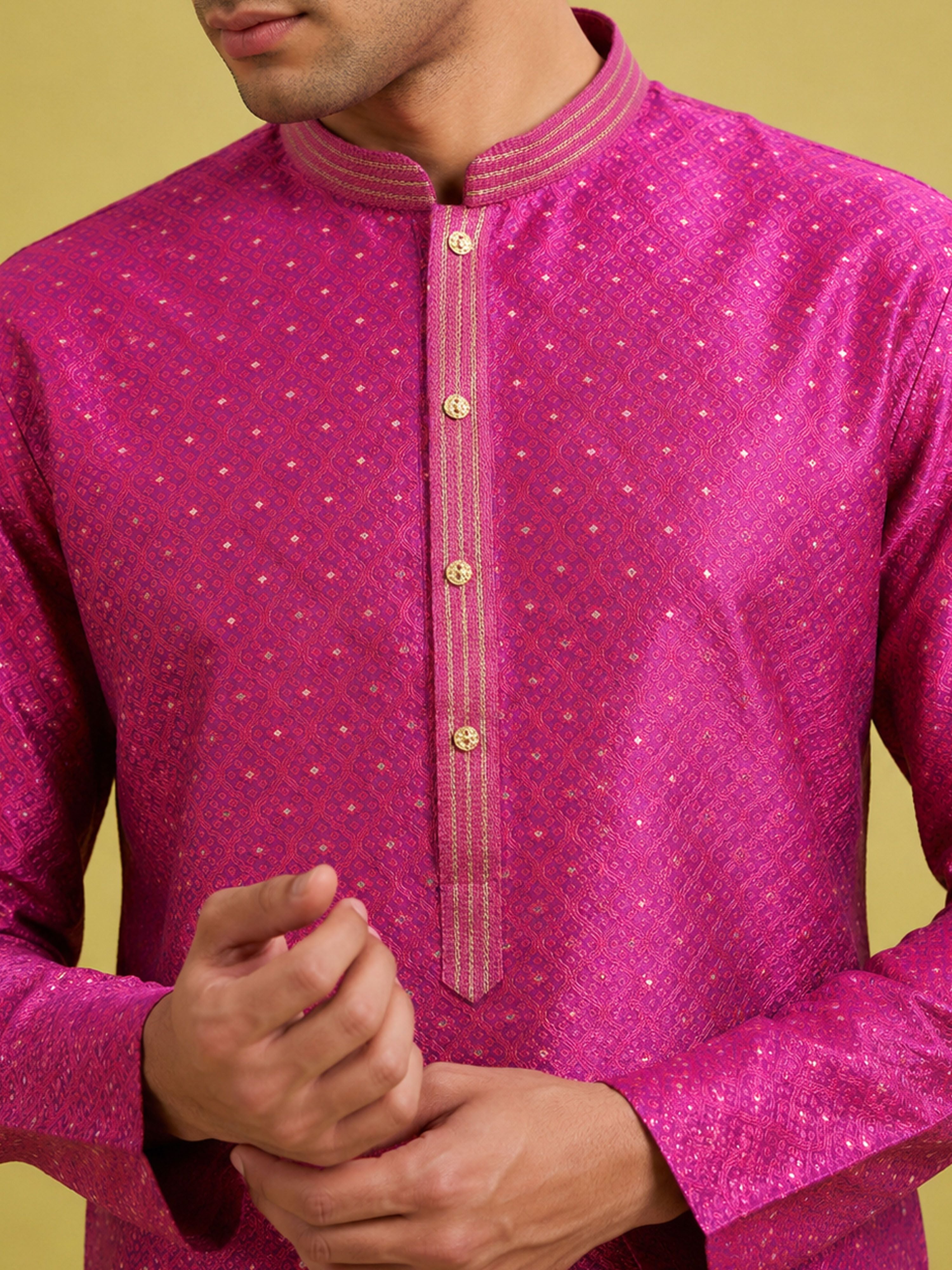Men's Purple Silk-Blend Embroidered Knee Length Kurta with Pyjama