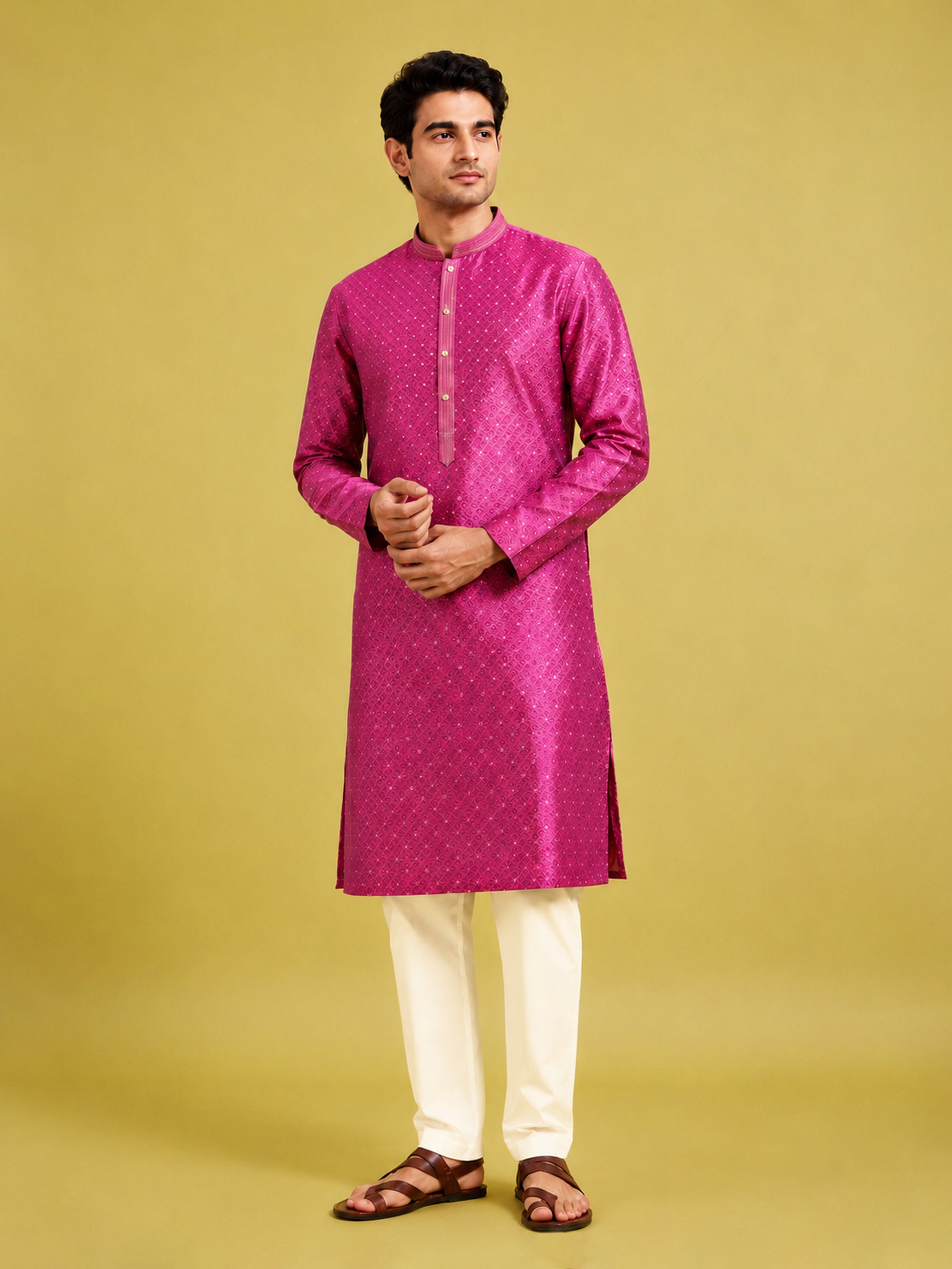 Men's Purple Silk-Blend Embroidered Knee Length Kurta with Pyjama