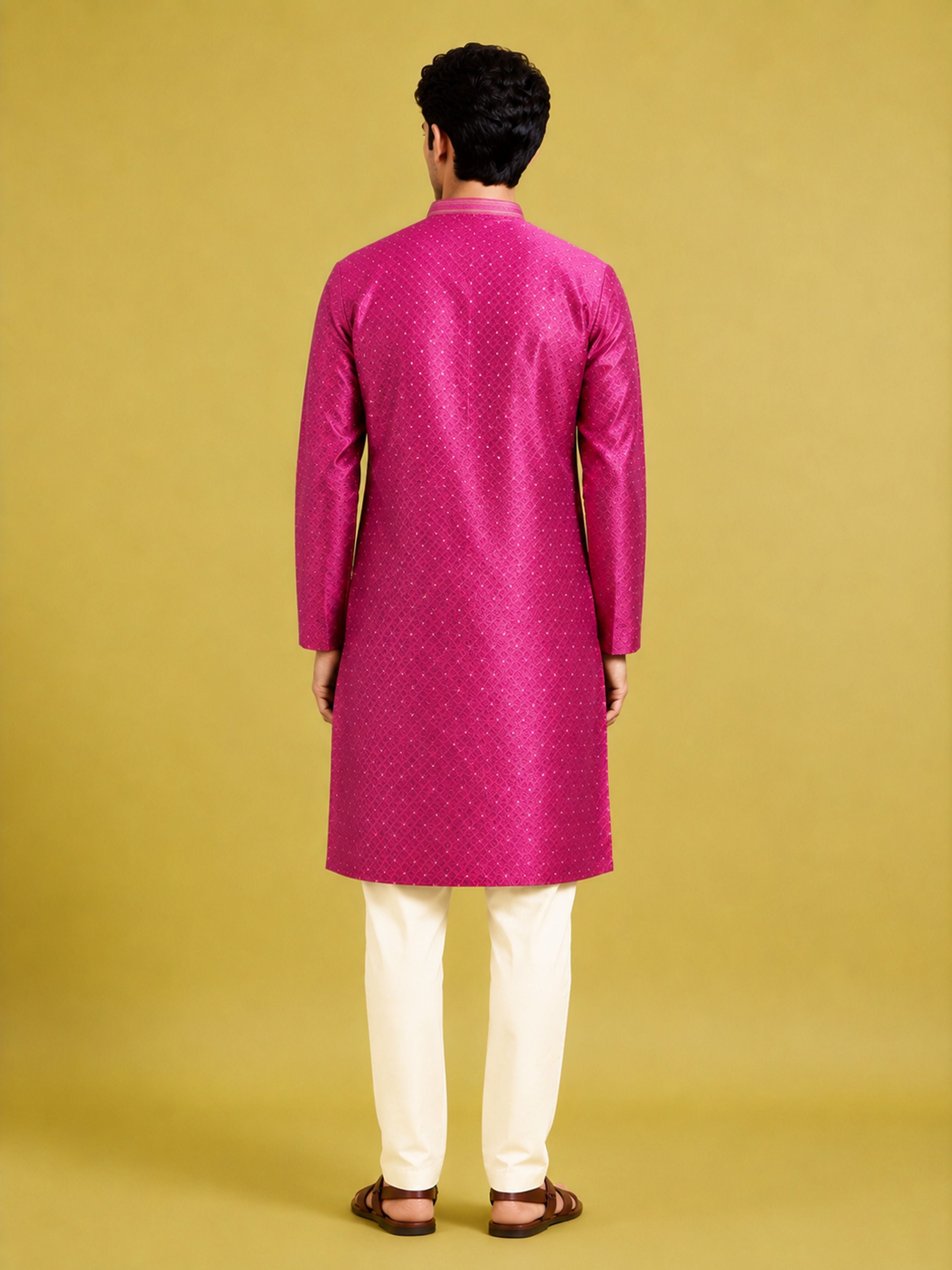Men's Purple Silk-Blend Embroidered Knee Length Kurta with Pyjama