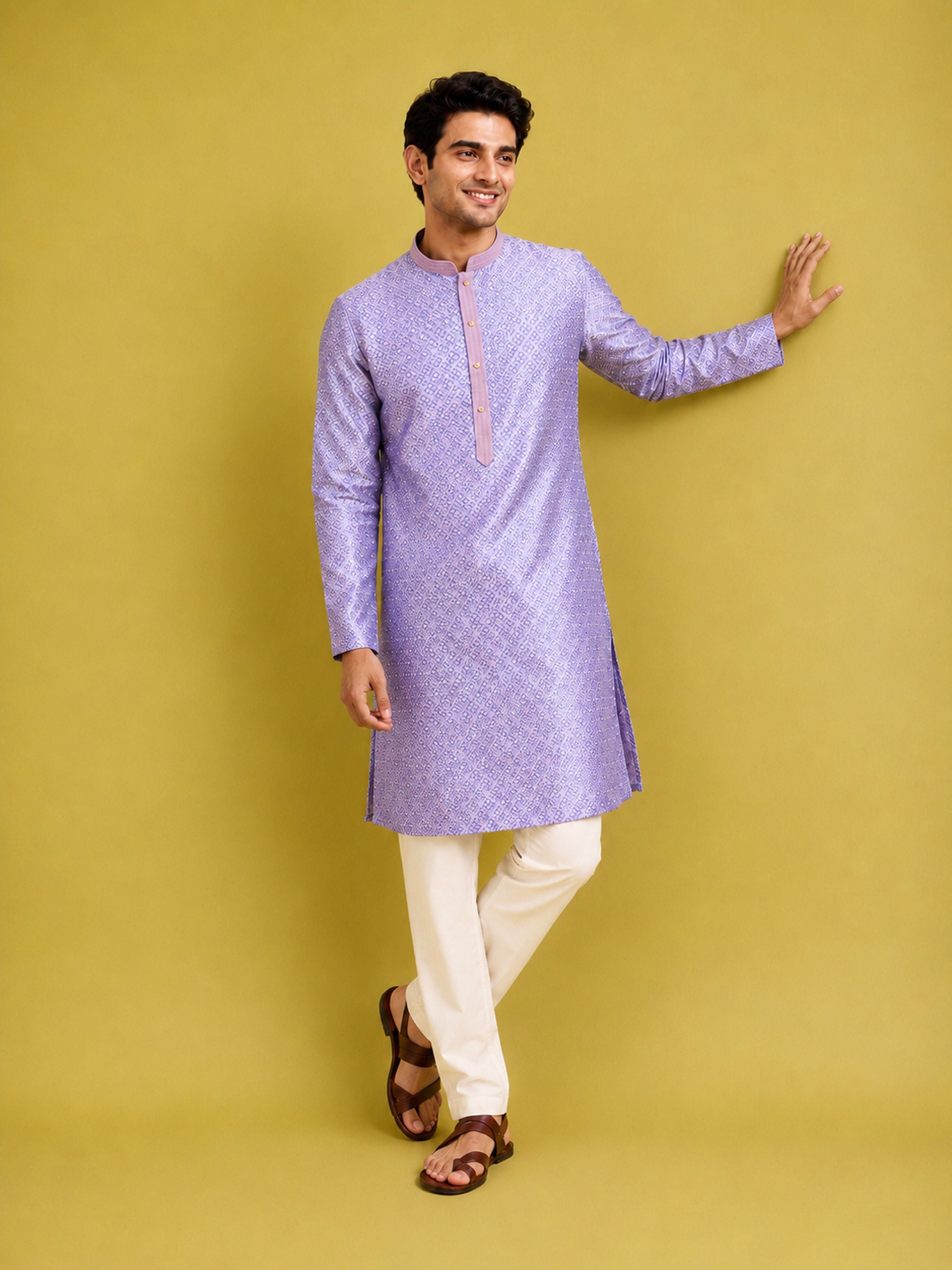 Men Lavender Silk Blend Kurta with Pyjama Navratri, Diwali, Wedding, Festive, Party, Festive Glitz Ethnic Wear
