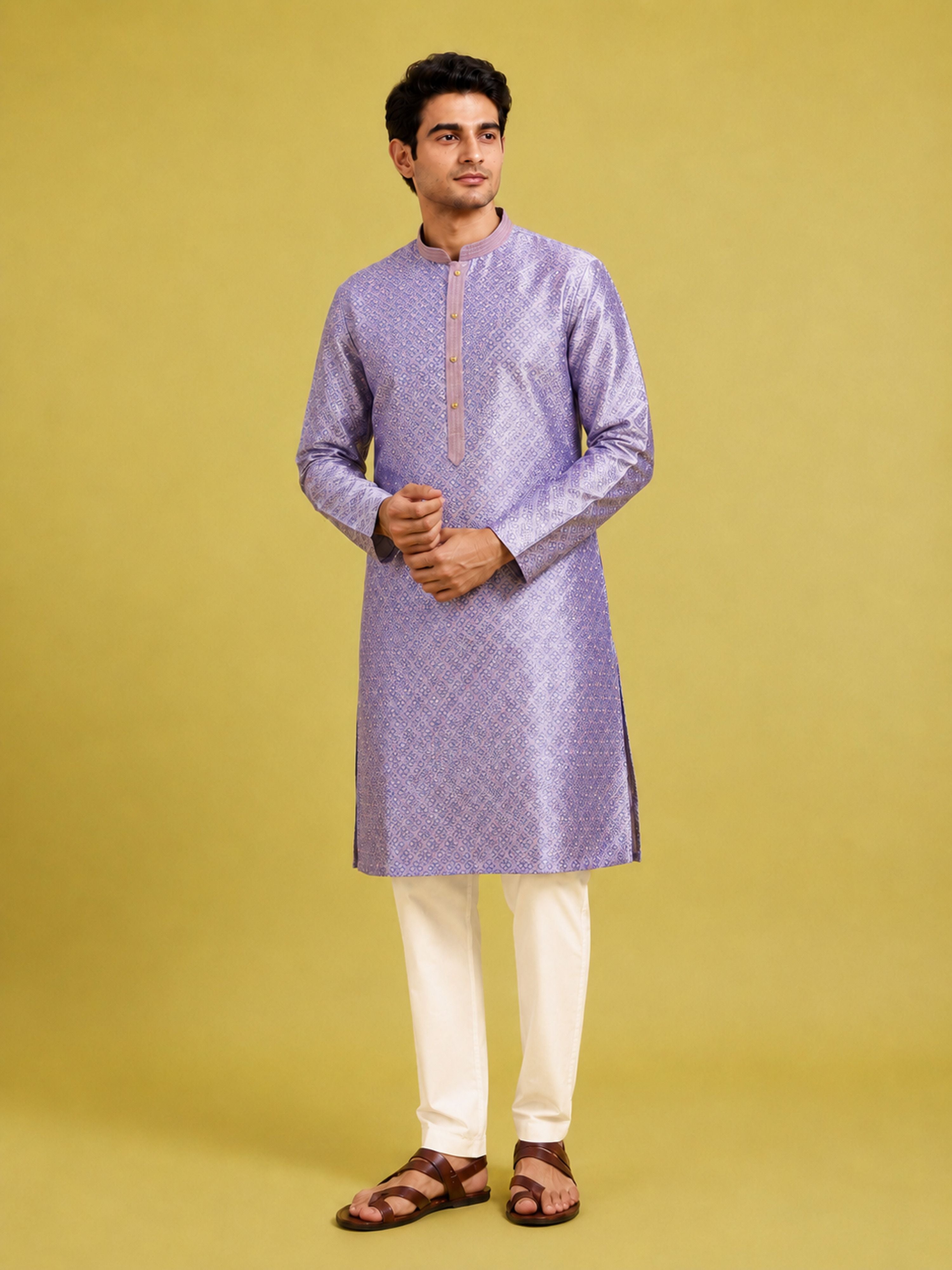 Men's Lavender Silk-Blend Zari Embroidery, Thread Ebroidery Knee Length Kurta with Pyjama