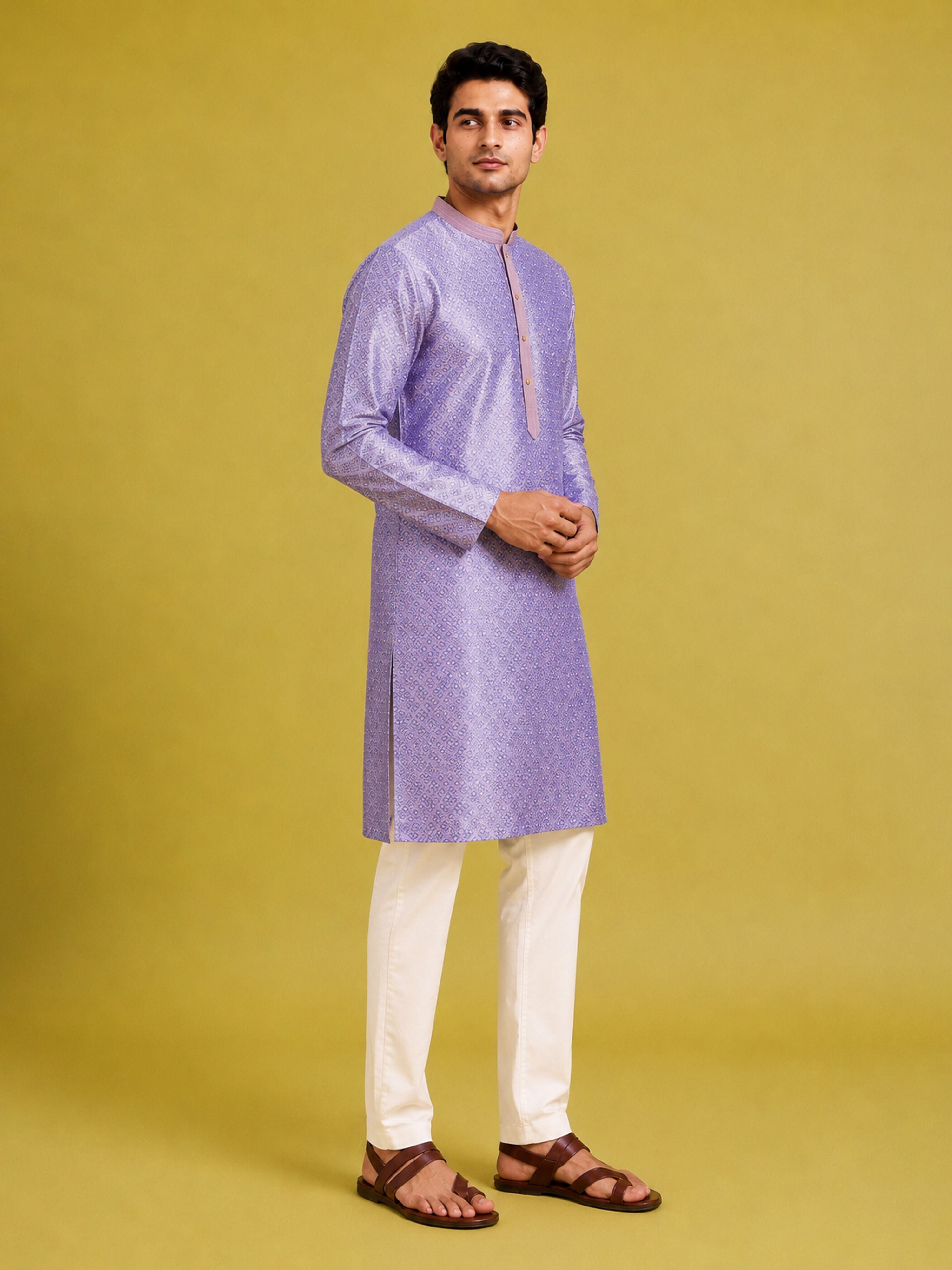 Men's Lavender Silk-Blend Zari Embroidery, Thread Ebroidery Knee Length Kurta with Pyjama