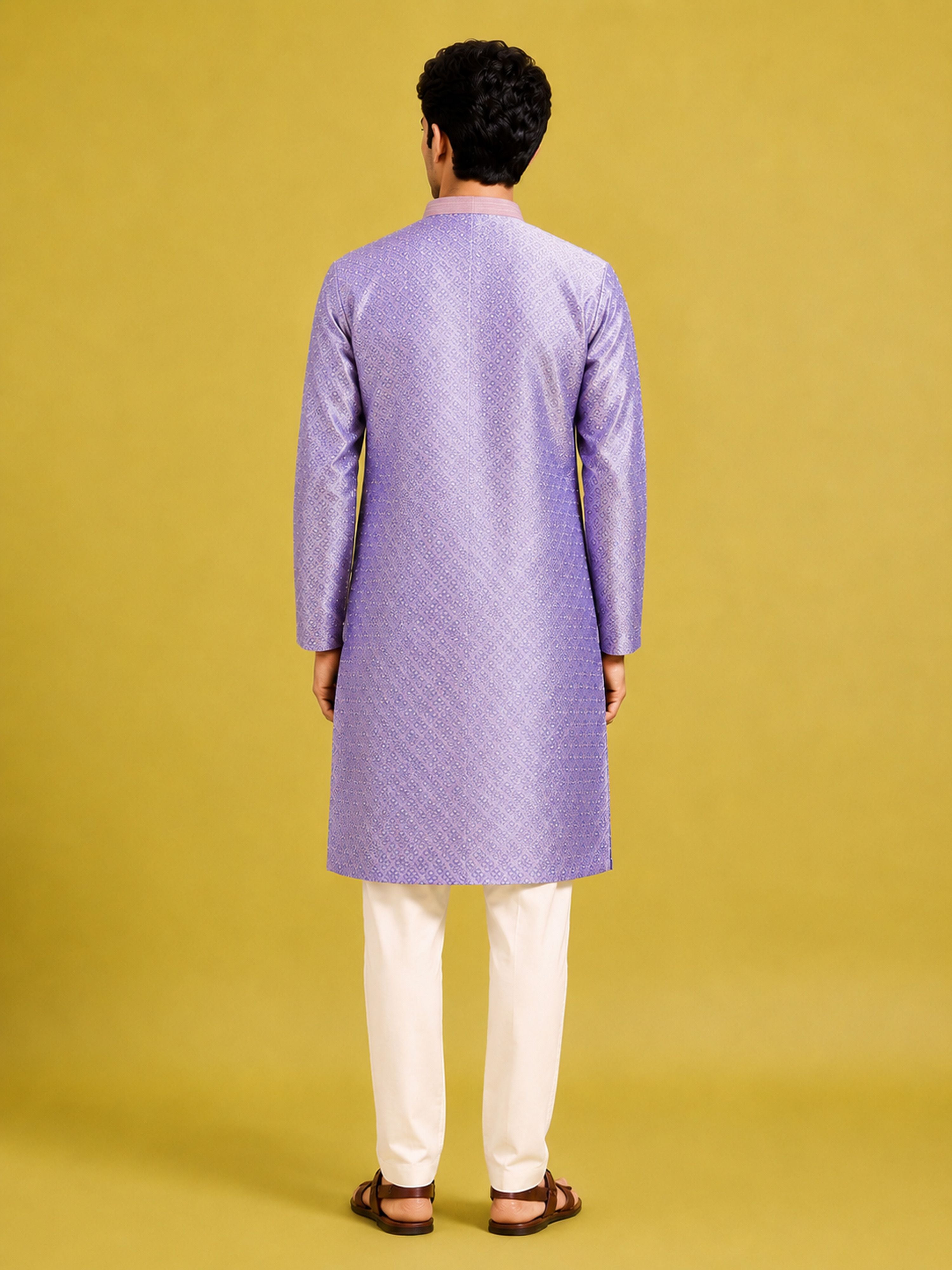Men's Lavender Silk-Blend Zari Embroidery, Thread Ebroidery Knee Length Kurta with Pyjama