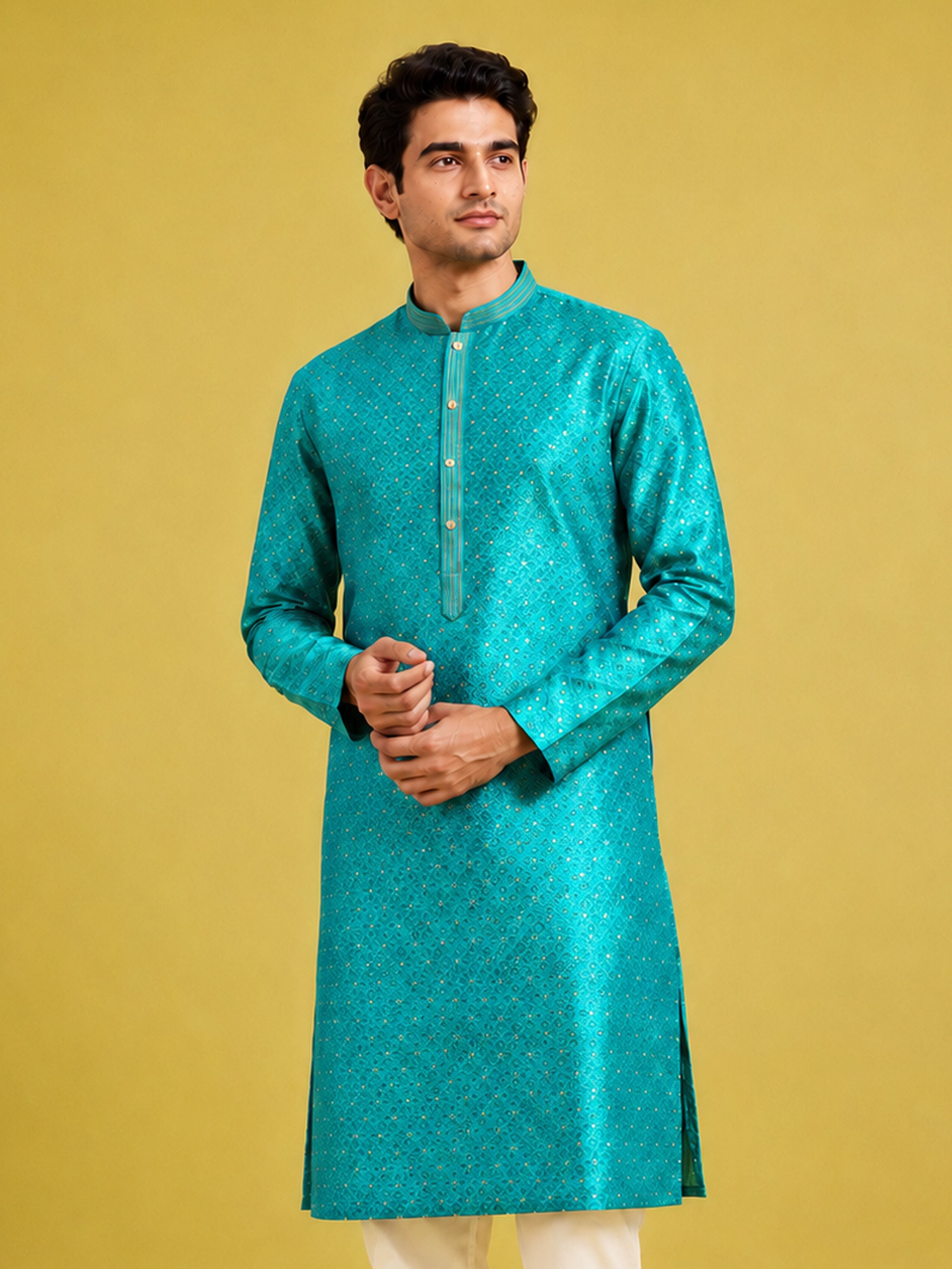 Men Turquoise Silk Blend Kurta Navratri, Diwali, Wedding, Festive, Party, Festive Glitz Ethnic Wear