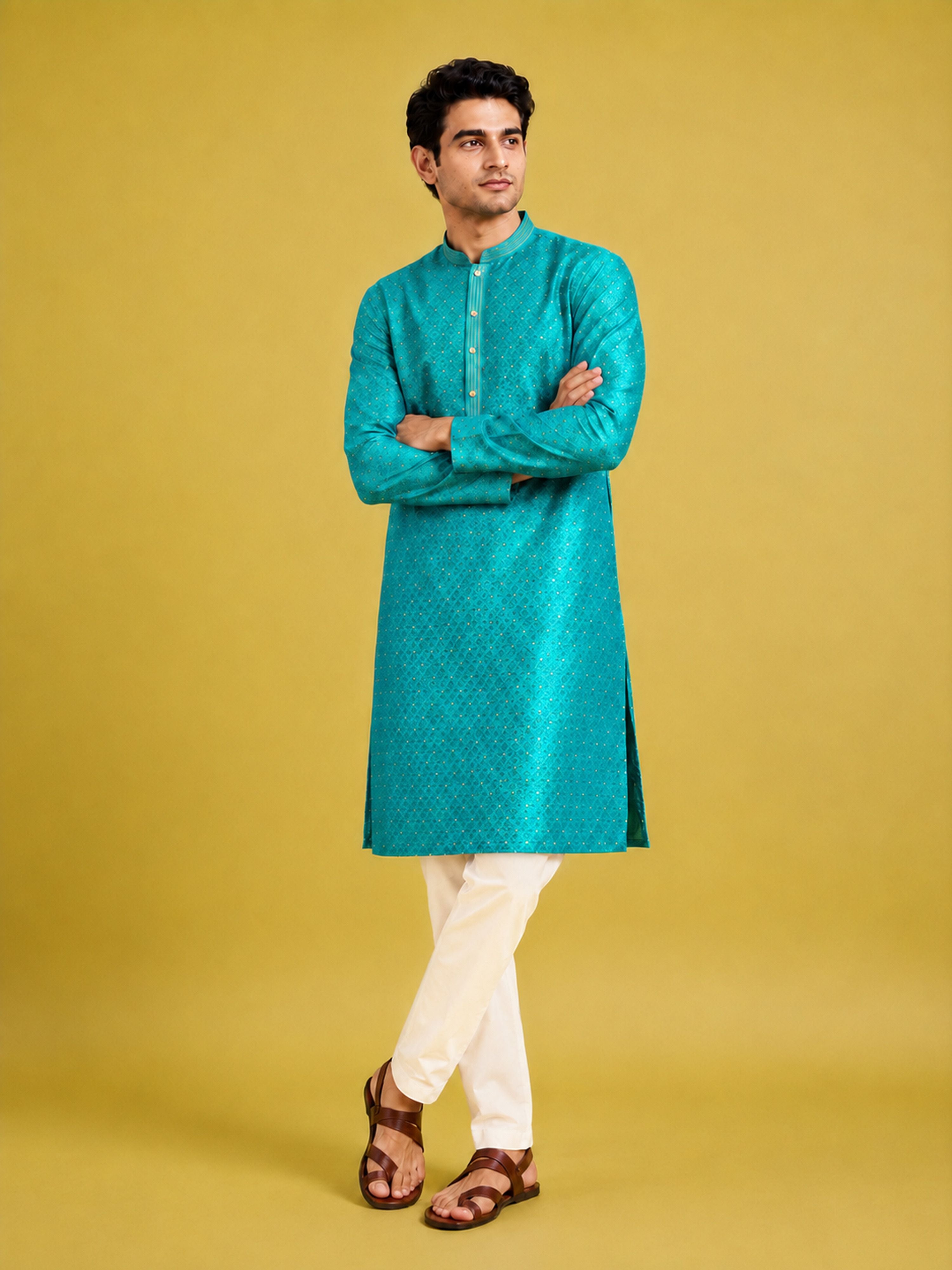 Men Turquoise Silk Blend Kurta with Pyjama Navratri, Diwali, Wedding, Festive, Party, Festive Glitz Ethnic Wear