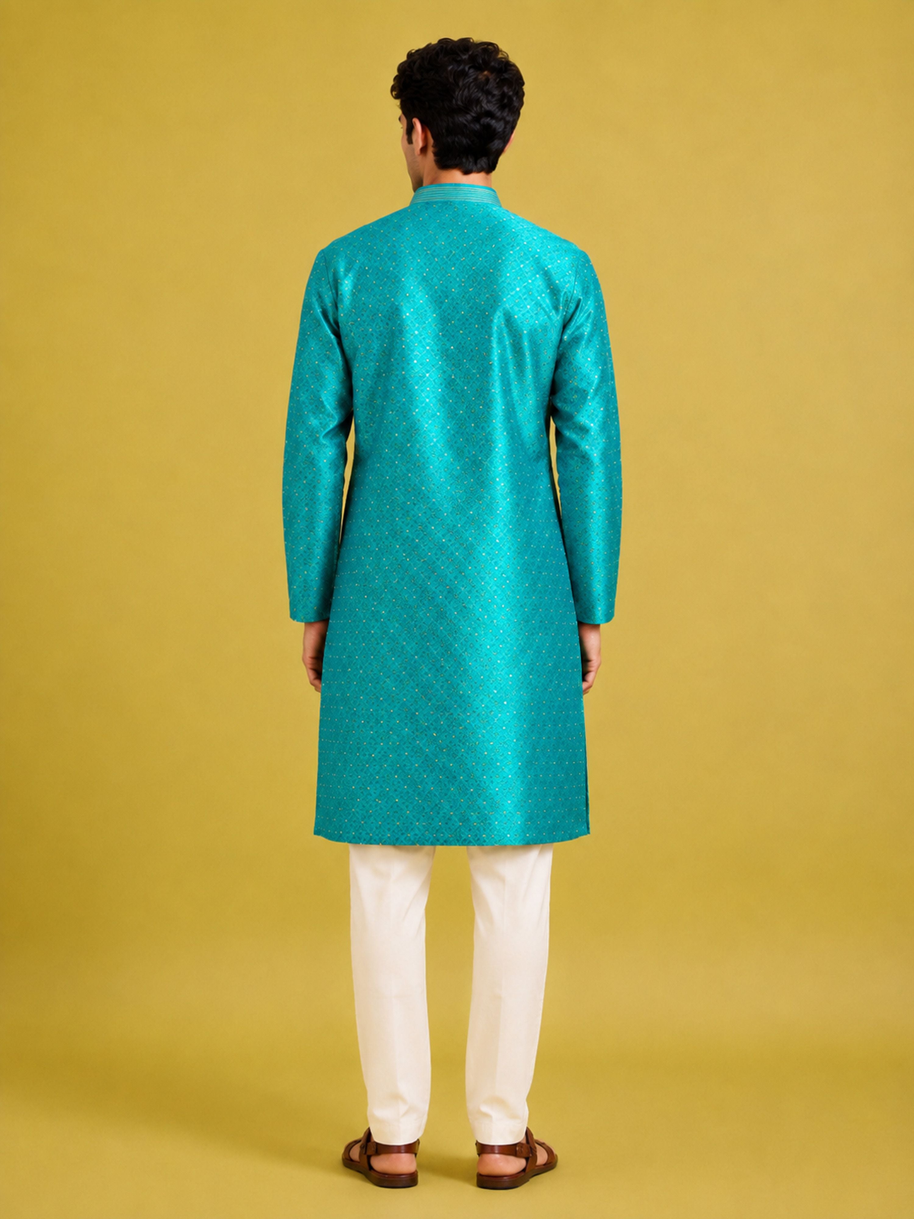 Men's Turquoise Silk-Blend Embroidered Knee Length Kurta with Pyjama
