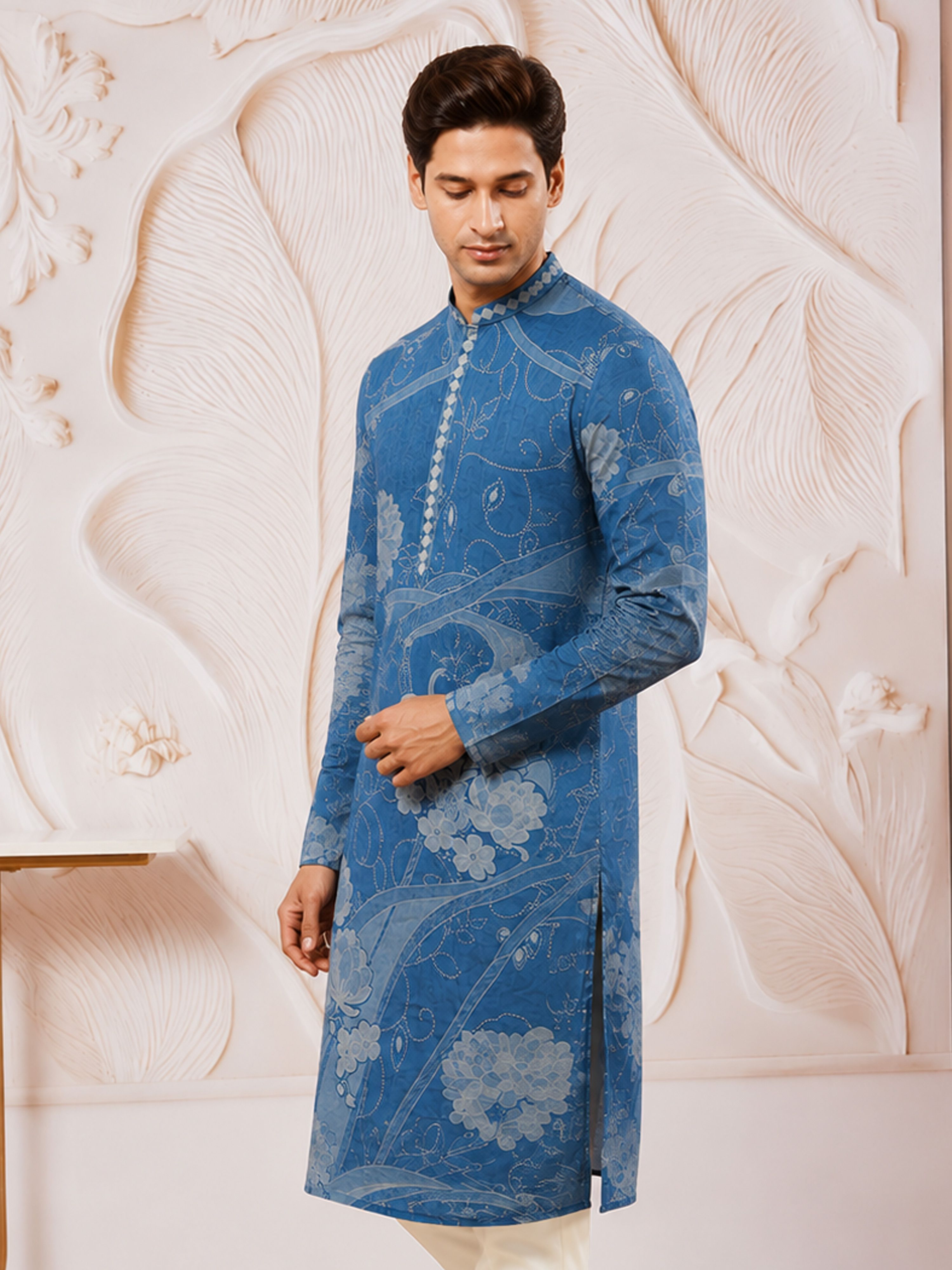 Men's Blue Cotton-Linen Digital Print Knee Length Kurta