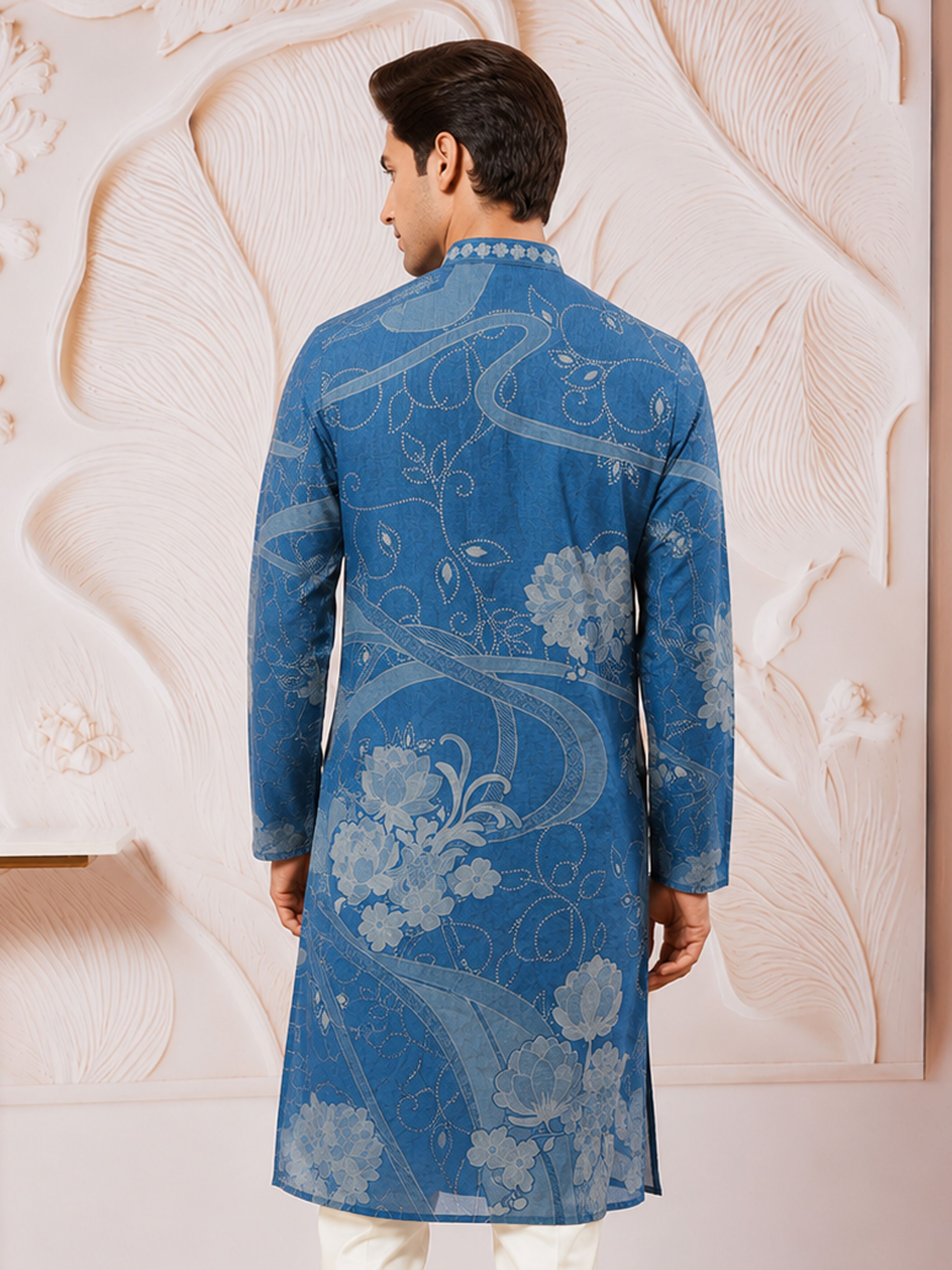 Men's Blue Cotton-Linen Digital Print Knee Length Kurta