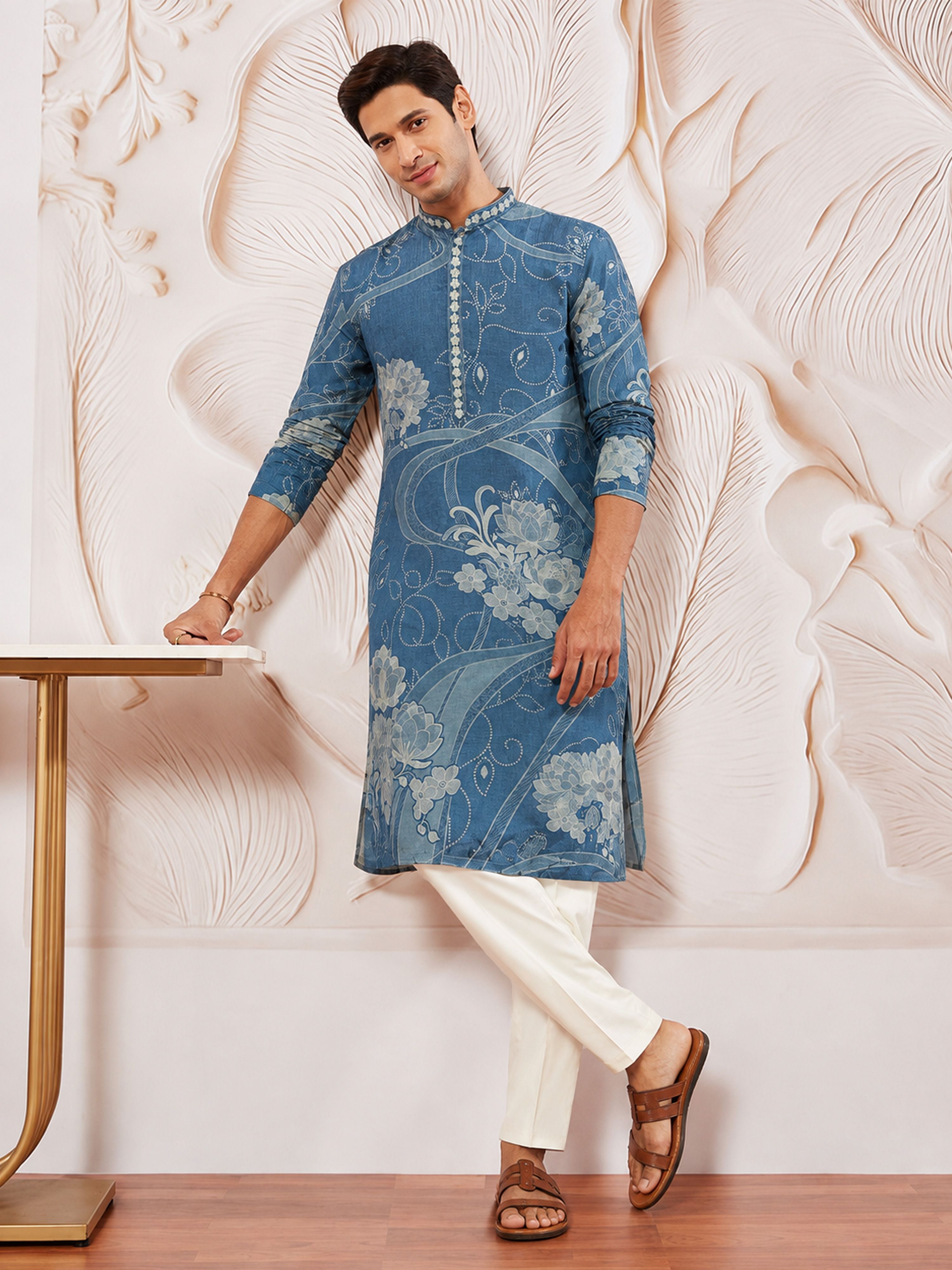 Men's Blue Cotton-Linen Digital Print Knee Length Kurta