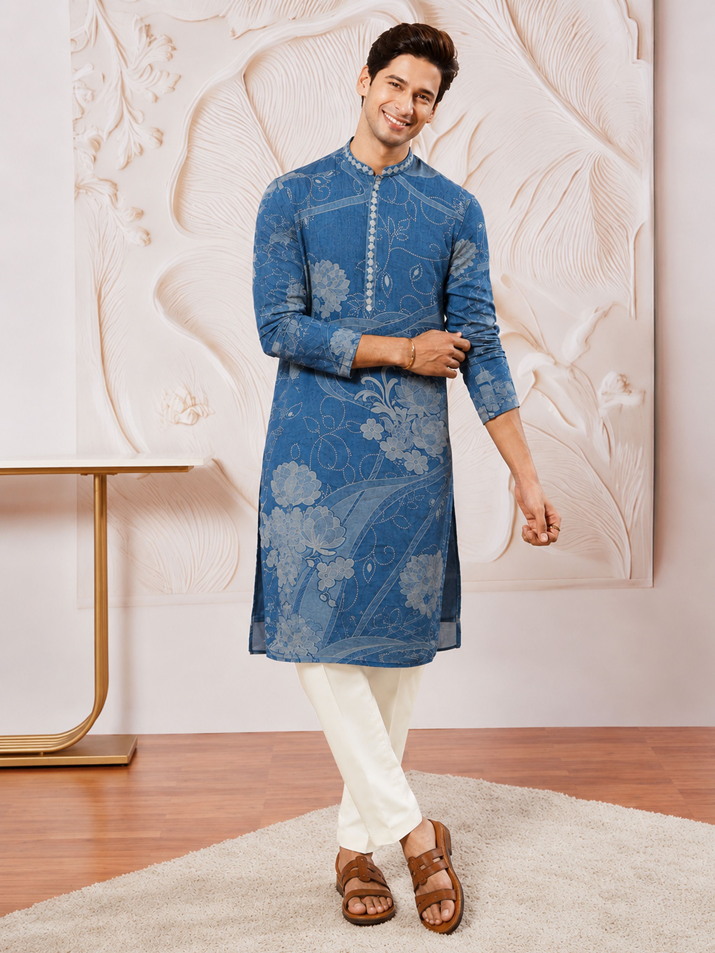 Men's Blue Cotton-Linen Digital Print Knee Length Kurta with Pyjama
