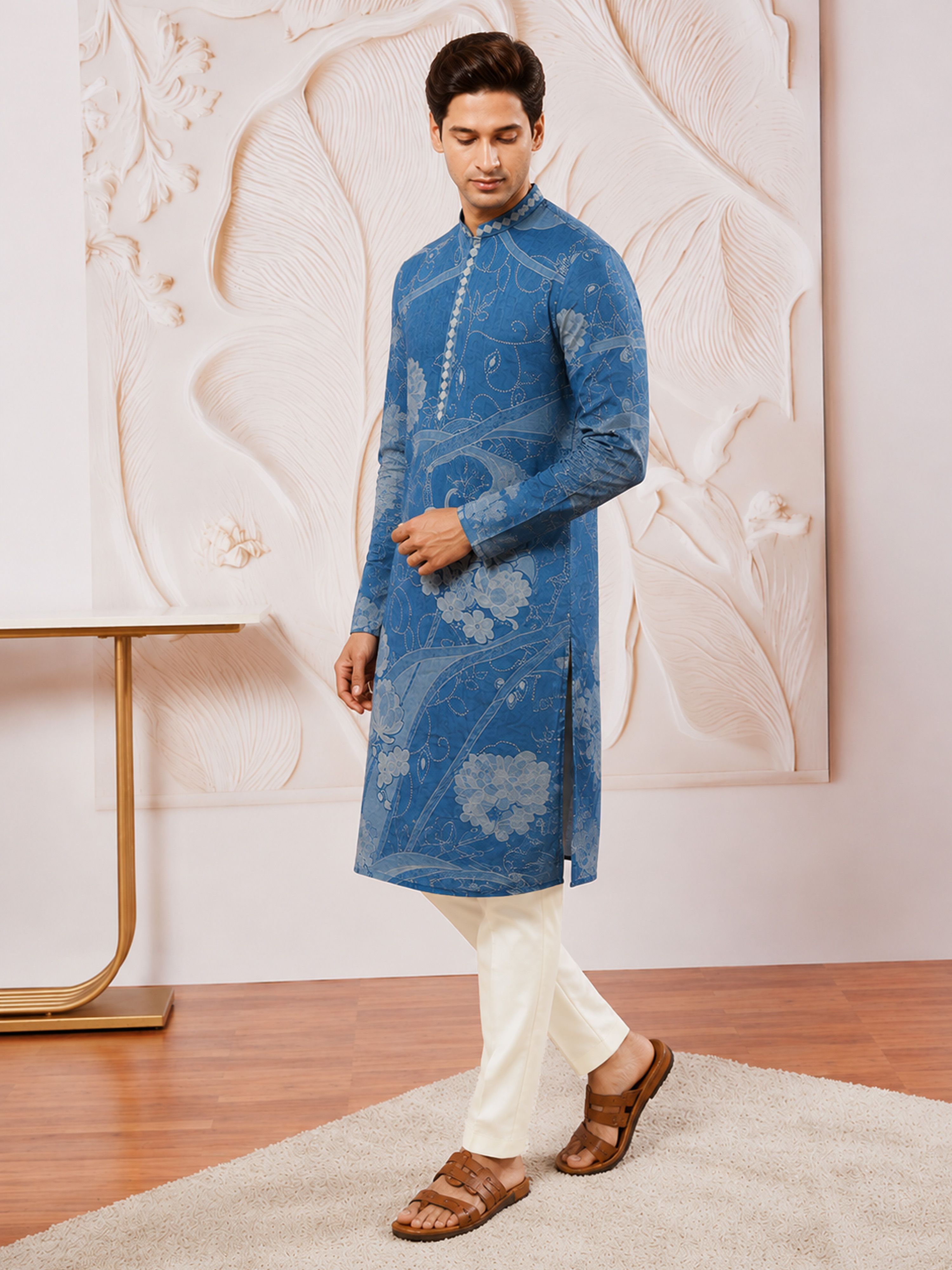 Men's Blue Cotton-Linen Digital Print Knee Length Kurta with Pyjama
