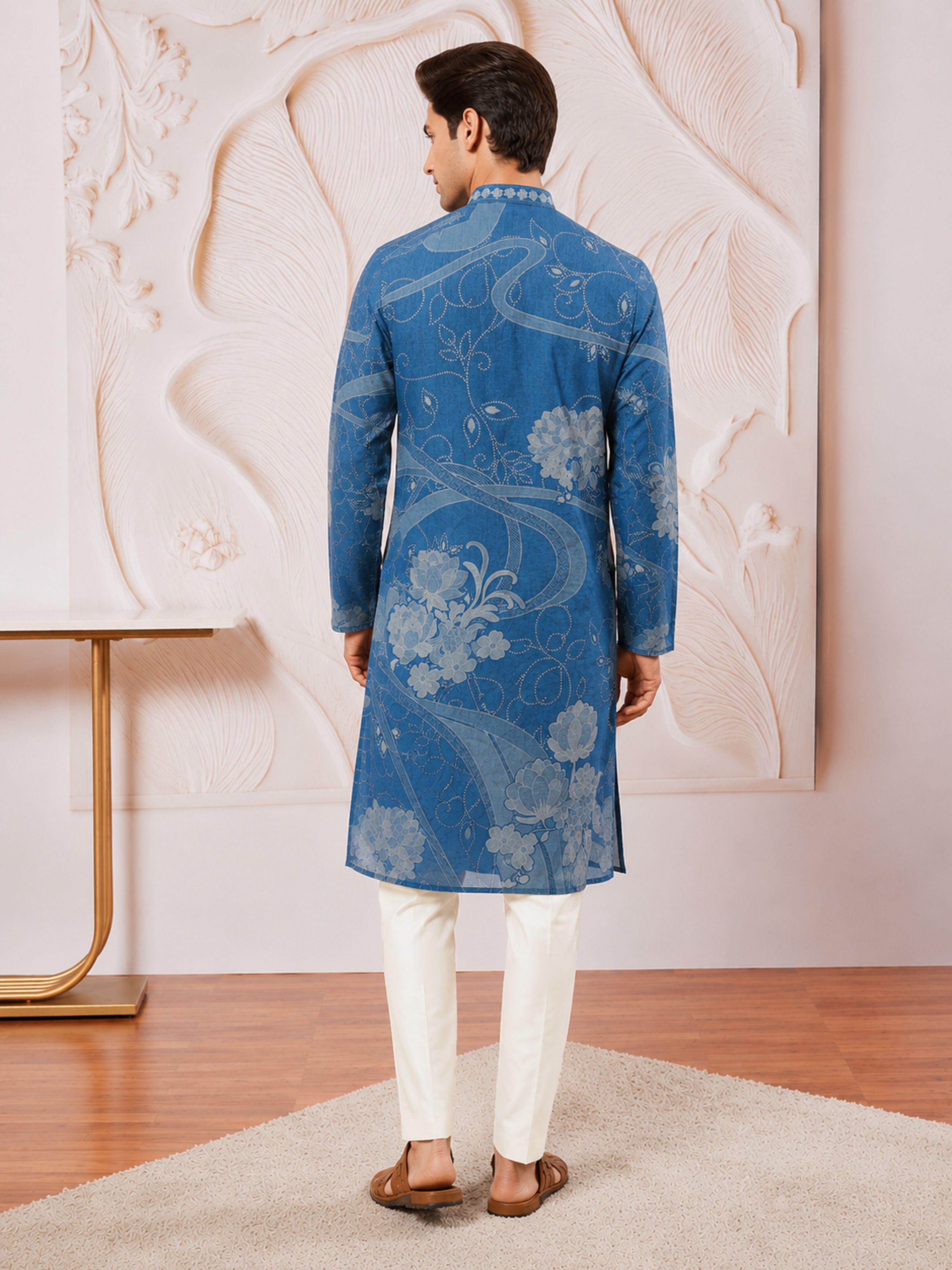 Men's Blue Cotton-Linen Digital Print Knee Length Kurta with Pyjama