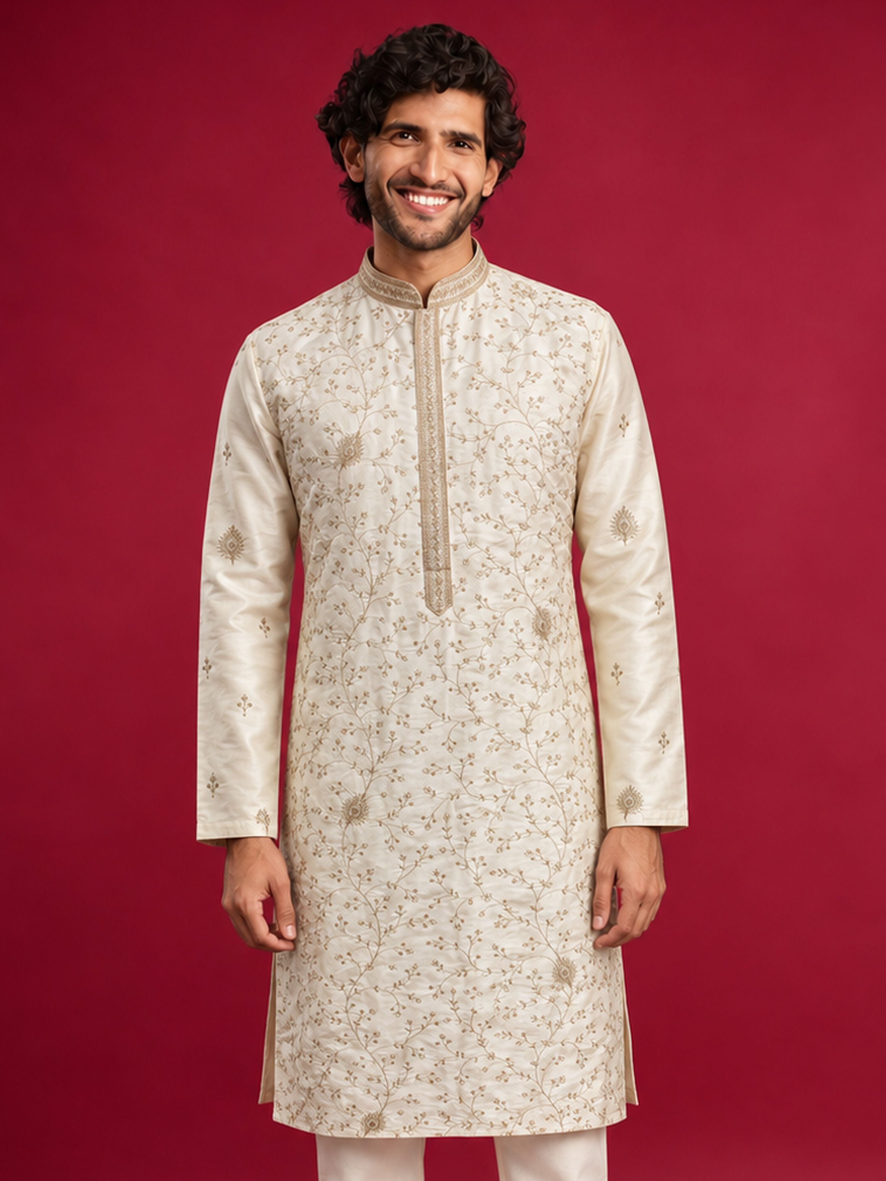 Men Cream Silk Blend Kurta Festive, Diwali Ethnic Wear