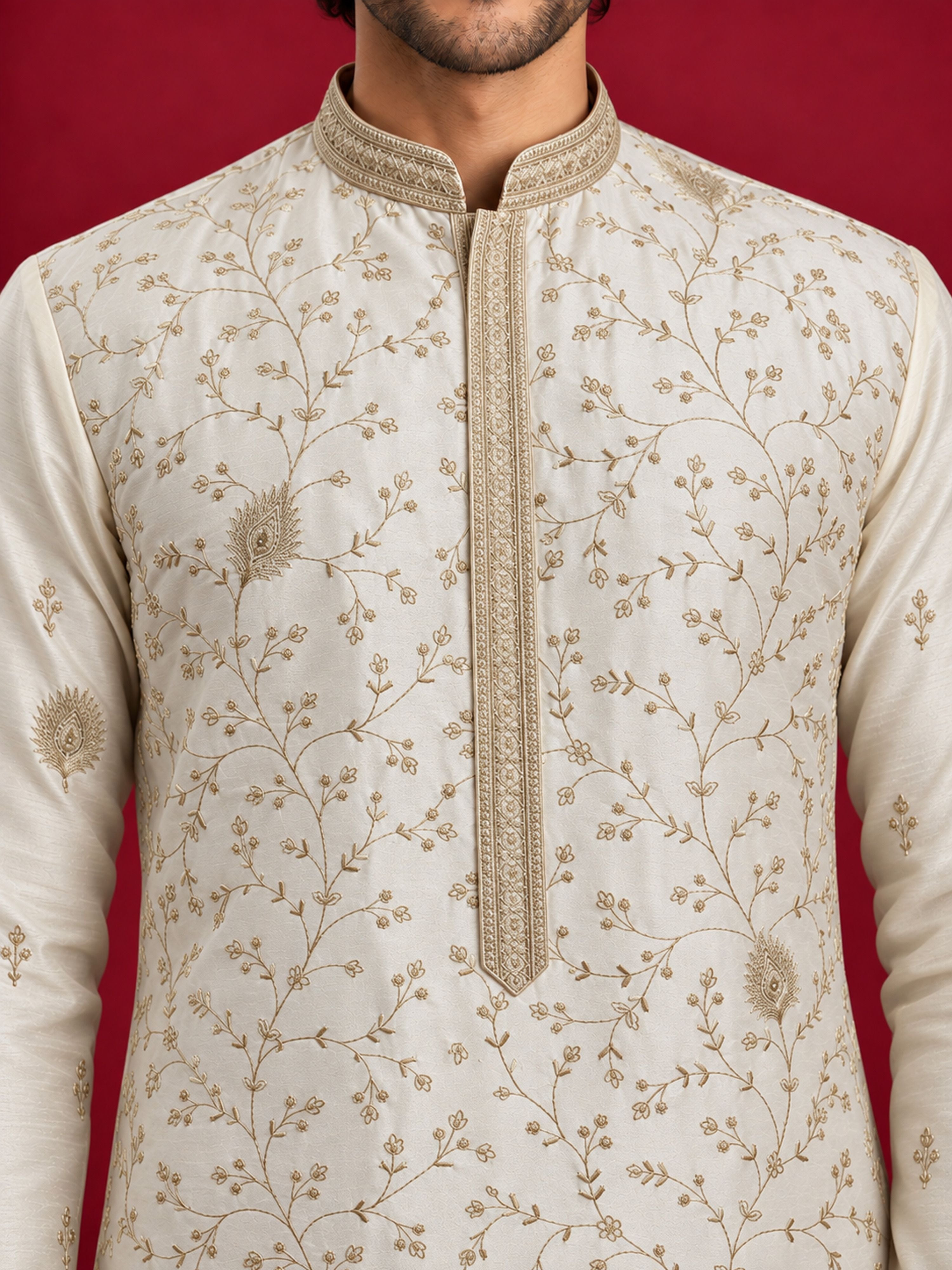 Men's Cream Silk-Blend Embroidered Knee Length Kurta