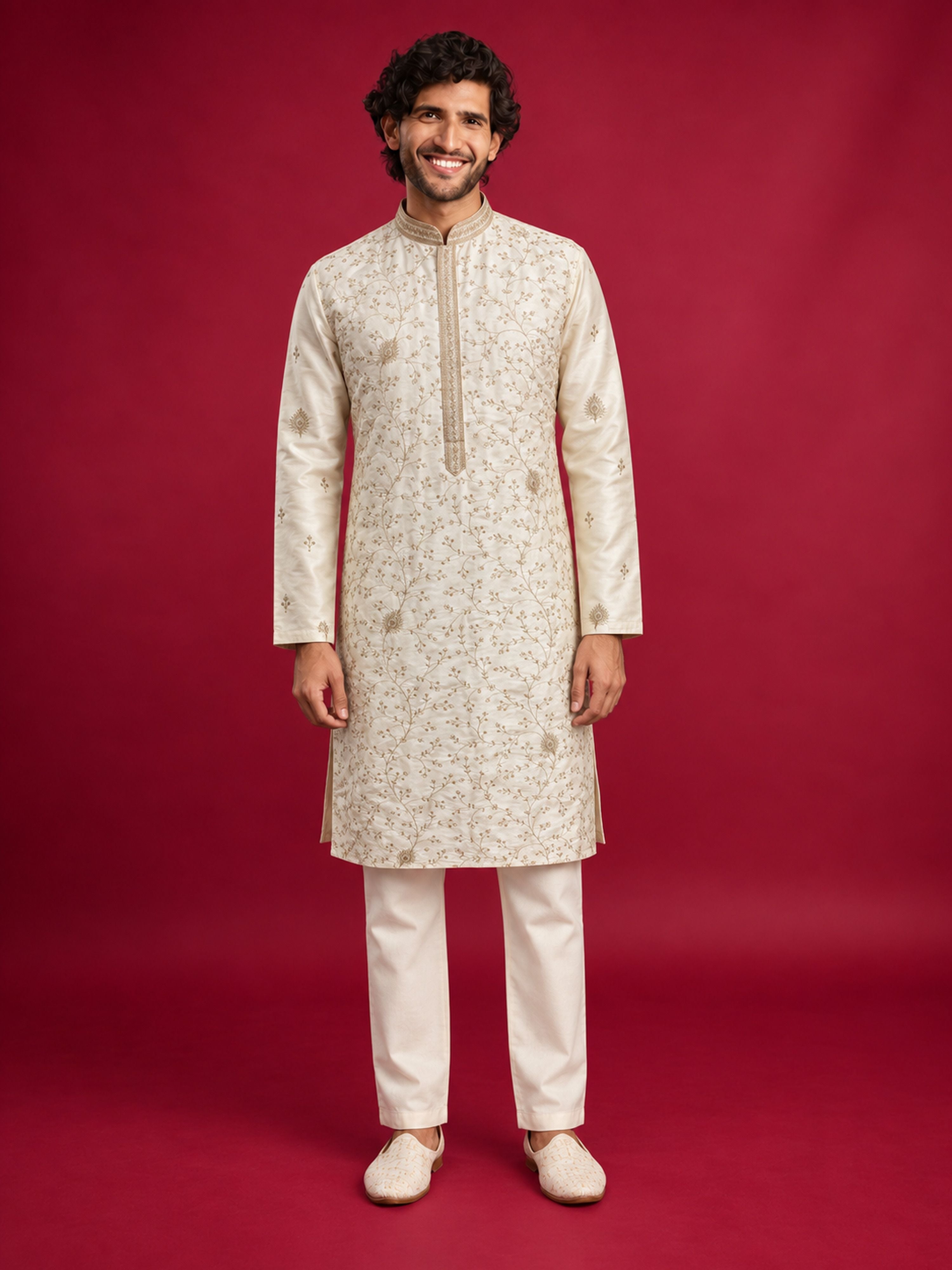 Men's Cream Silk-Blend Embroidered Knee Length Kurta with Pyjama