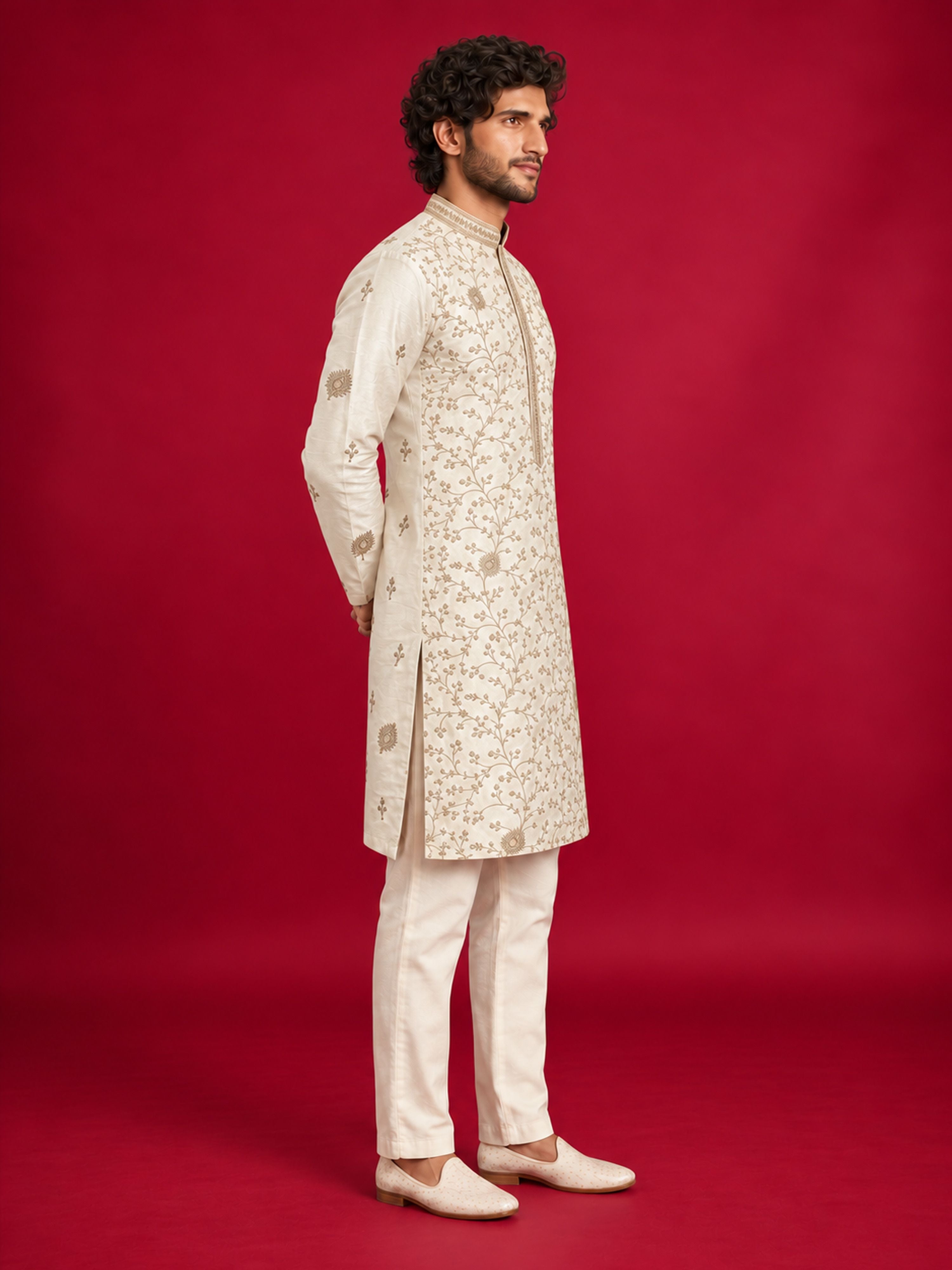 Men's Cream Silk-Blend Embroidered Knee Length Kurta with Pyjama