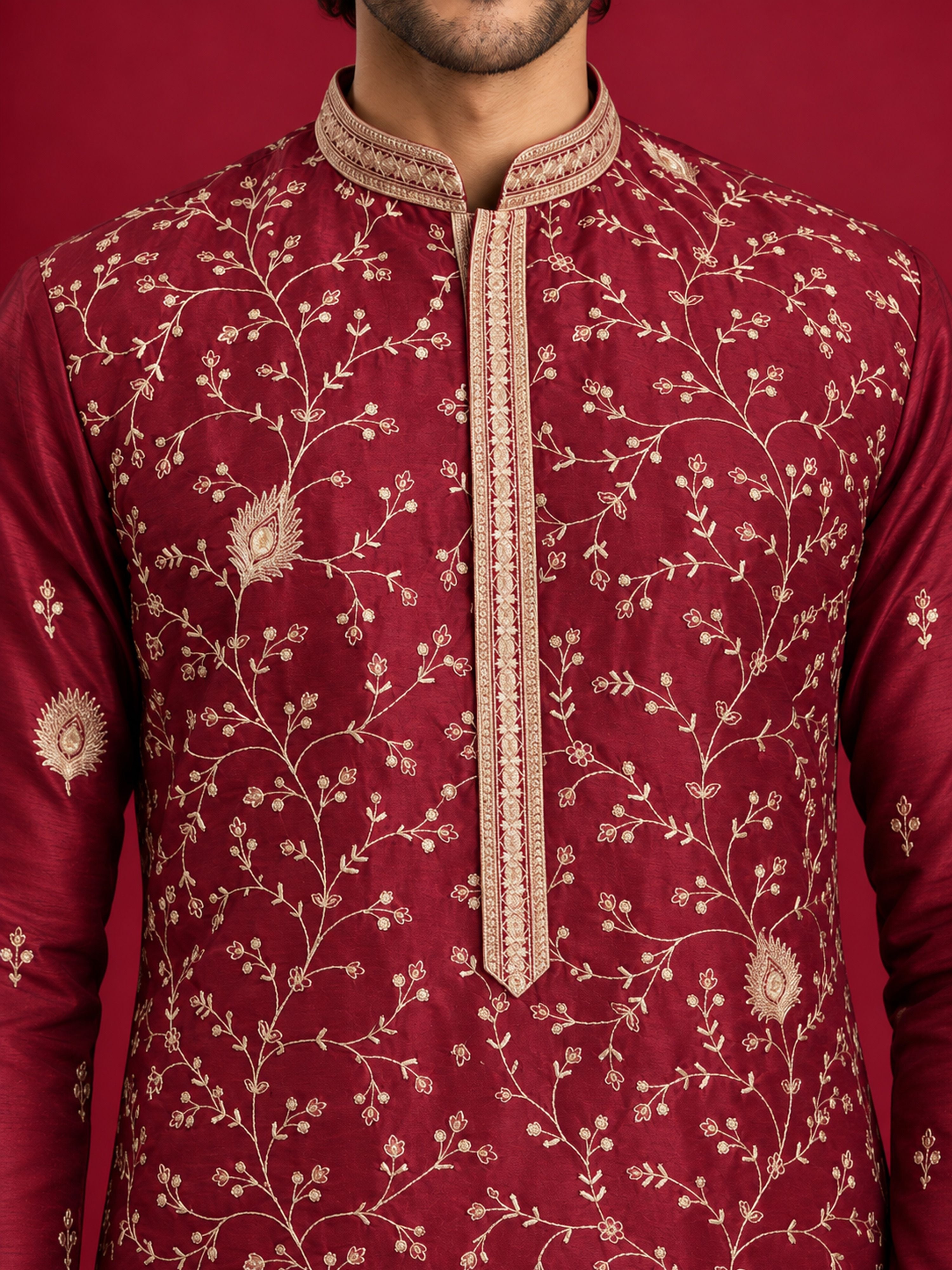 Men's Maroon Silk-Blend Embroidered Knee Length Kurta
