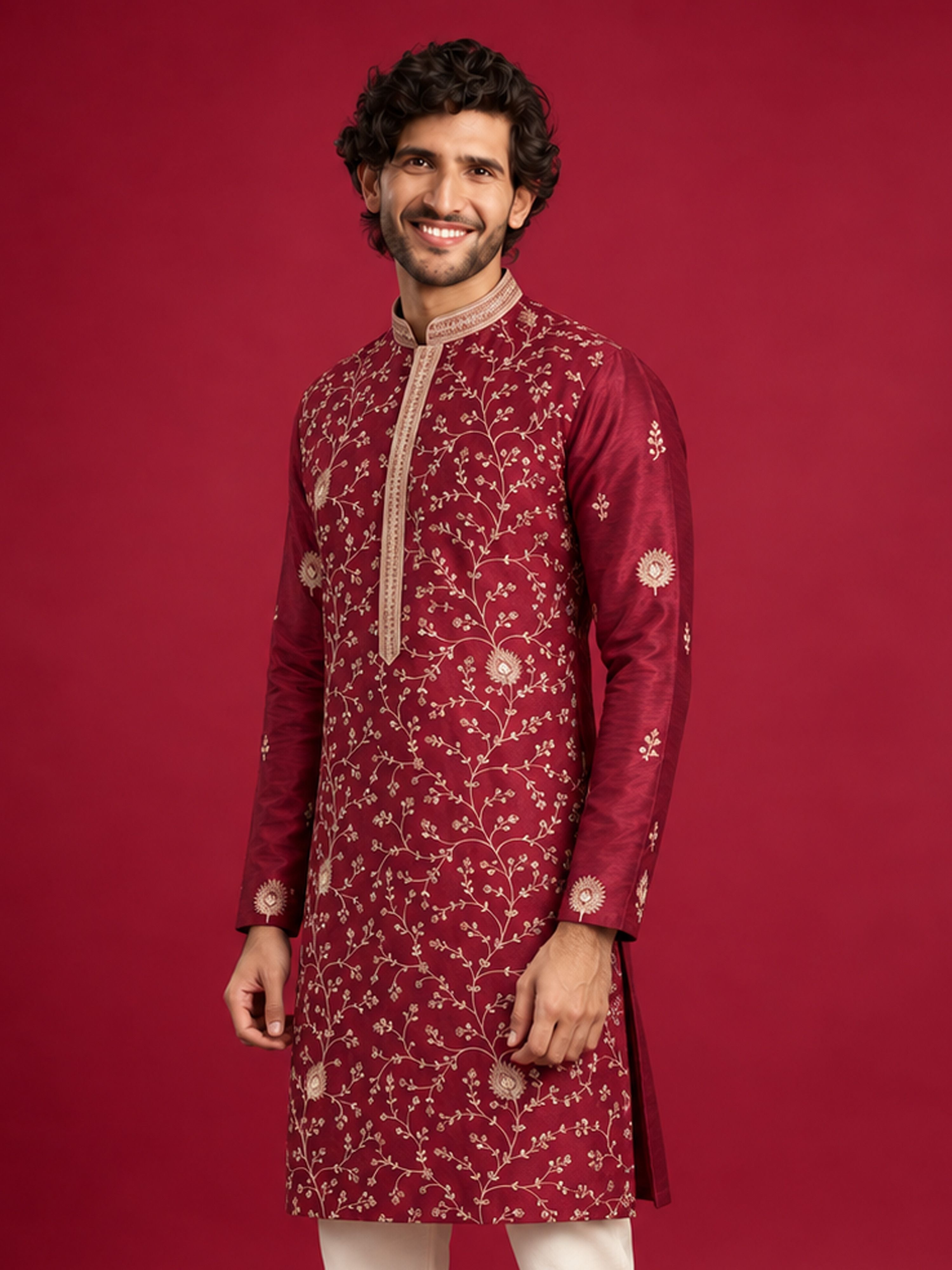 Men's Maroon Silk-Blend Embroidered Knee Length Kurta