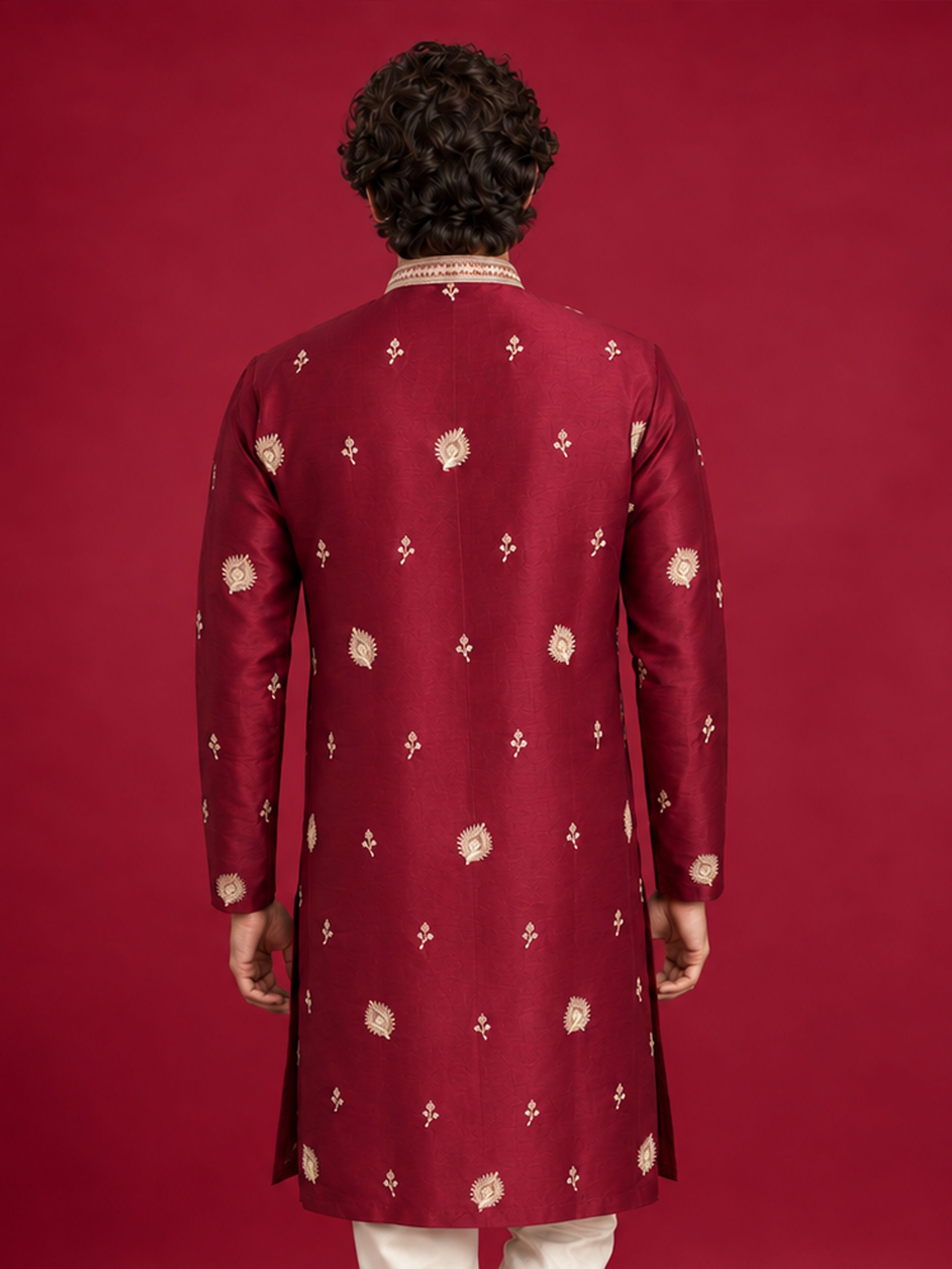 Men's Maroon Silk-Blend Embroidered Knee Length Kurta