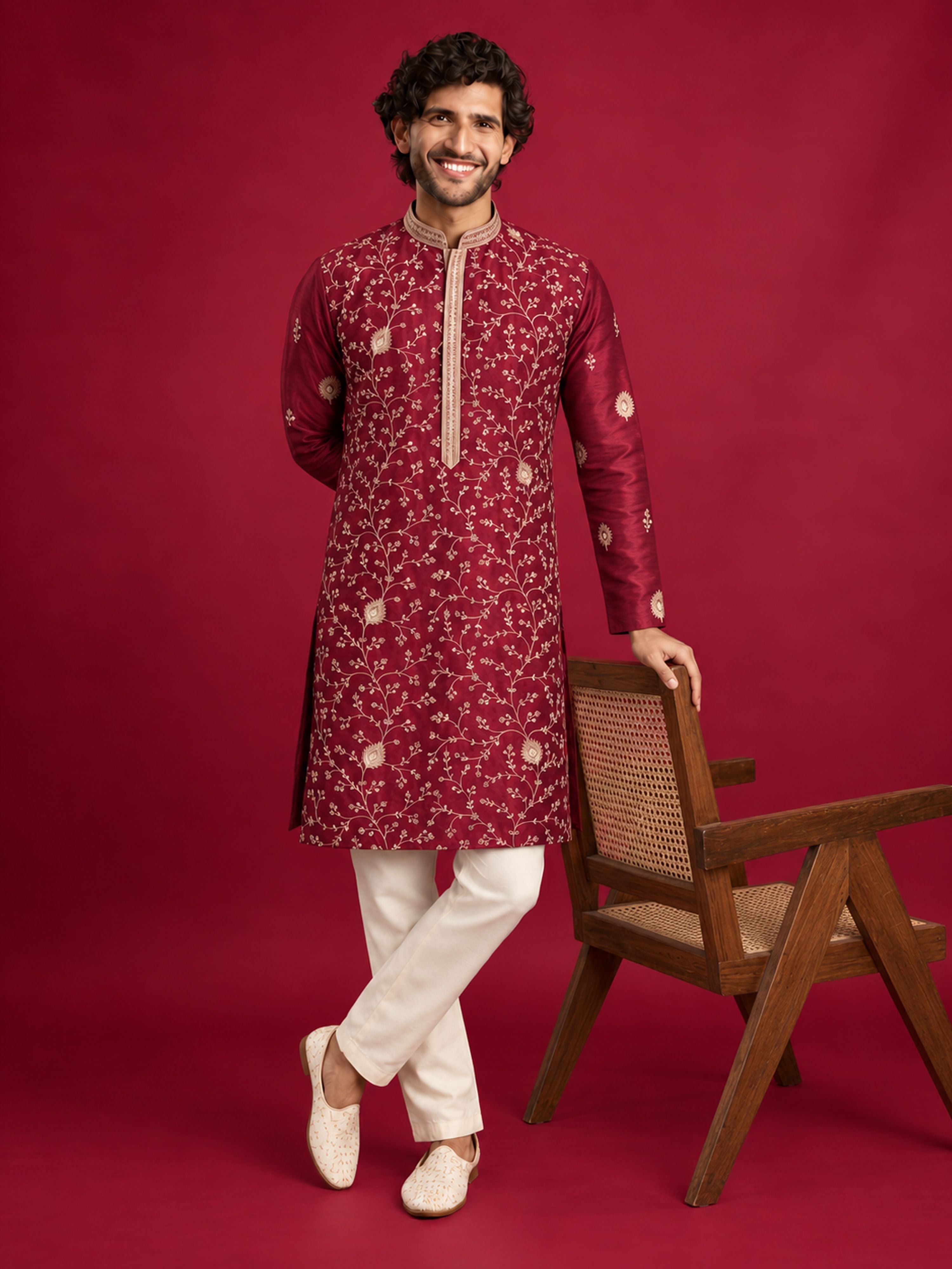 Men Maroon Silk Blend Kurta with Pyjama Festive, Diwali Ethnic Wear