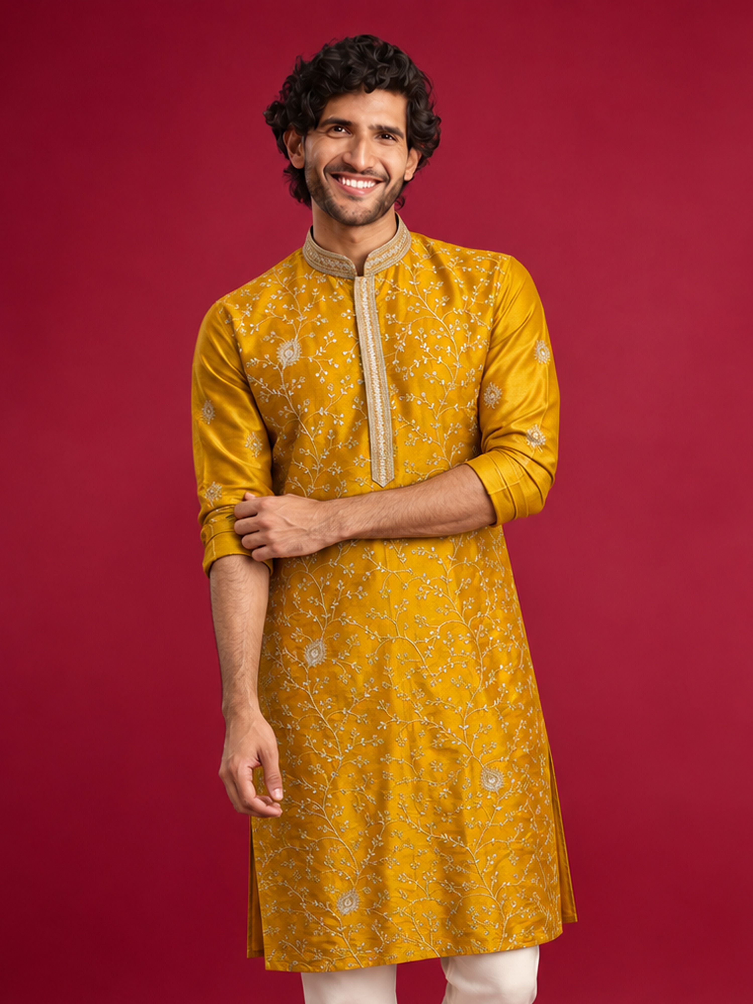 Men Mustard Silk Blend Kurta Festive, Diwali Ethnic Wear