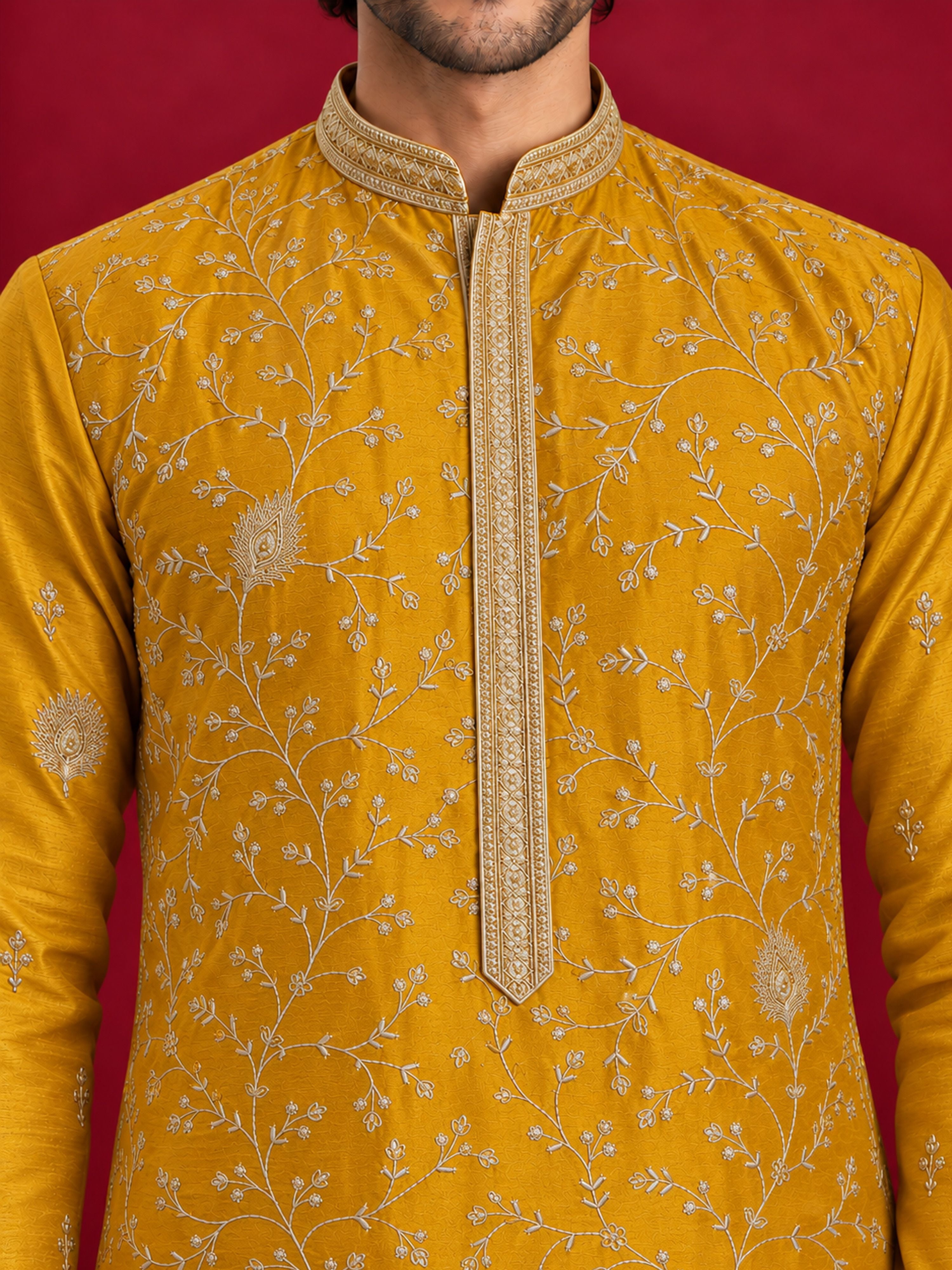 Men's Mustard Silk-Blend Embroidered Knee Length Kurta
