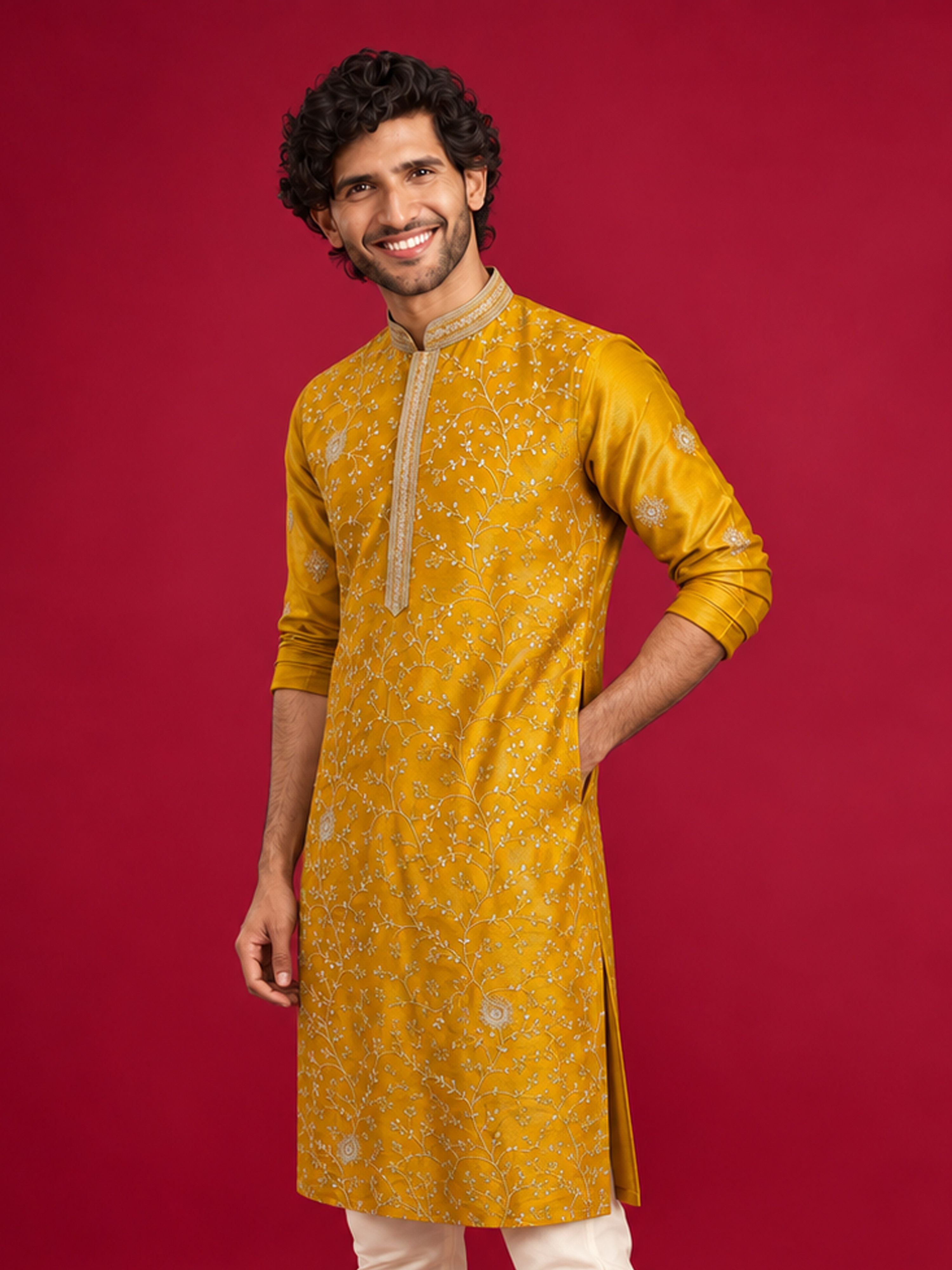 Men's Mustard Silk-Blend Embroidered Knee Length Kurta